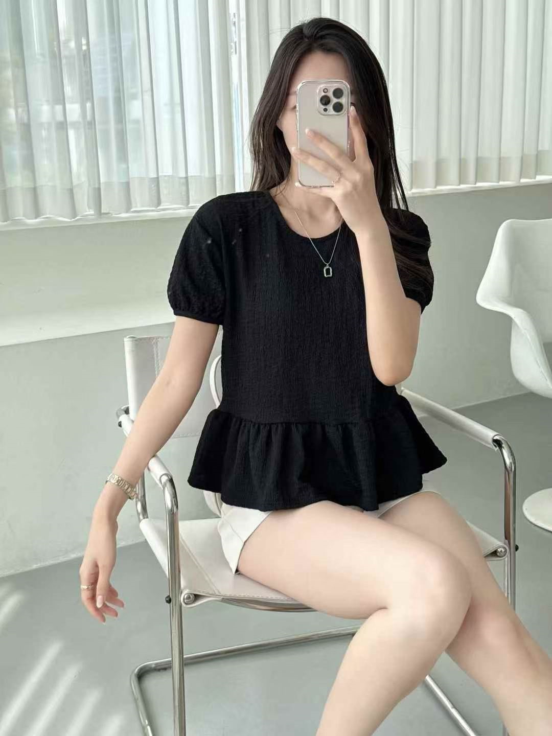 ラウンドネックフリルパフスリーブ半袖ギャザーバックリボンブラウス | 詳細画像6