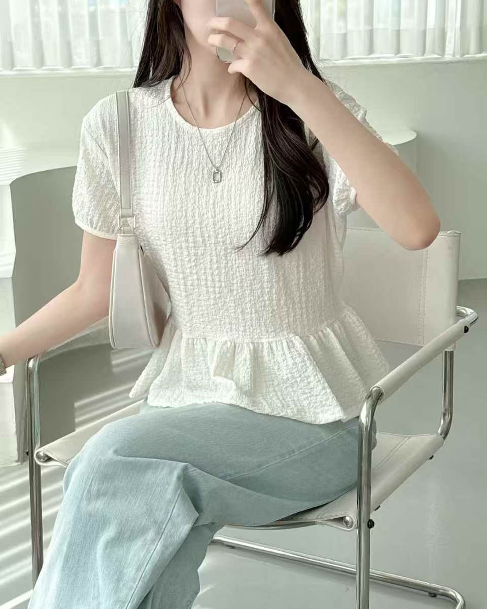 ラウンドネックフリルパフスリーブ半袖ギャザーバックリボンブラウス | 詳細画像7