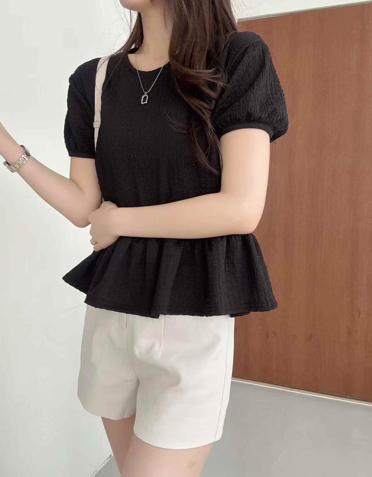 ラウンドネックフリルパフスリーブ半袖ギャザーバックリボンブラウス | 詳細画像8