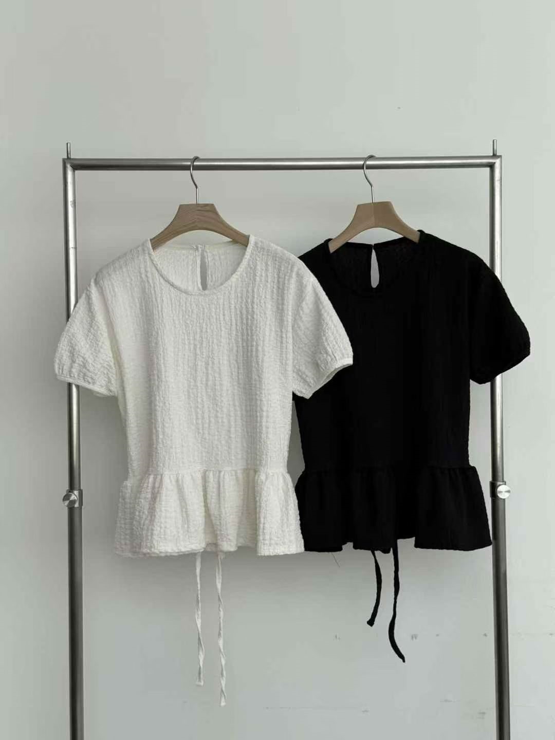 ラウンドネックフリルパフスリーブ半袖ギャザーバックリボンブラウス | 詳細画像9