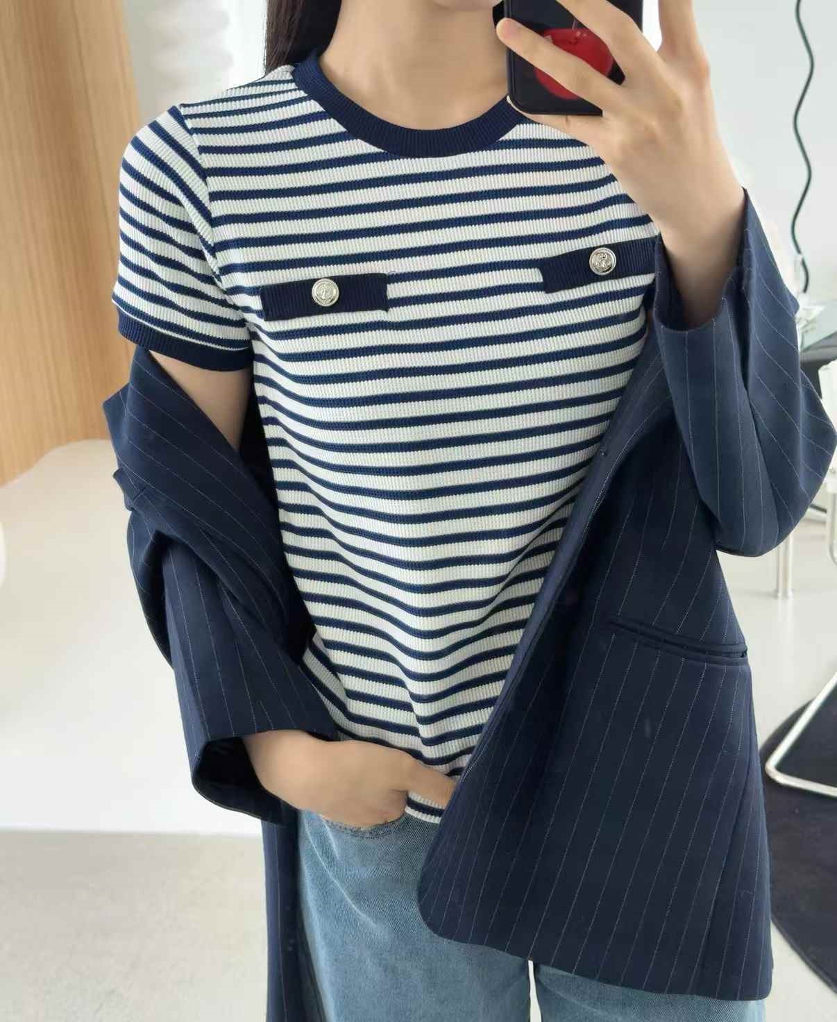 ラウンドネック半袖フェイクポケットボーダーTシャツ | 詳細画像3