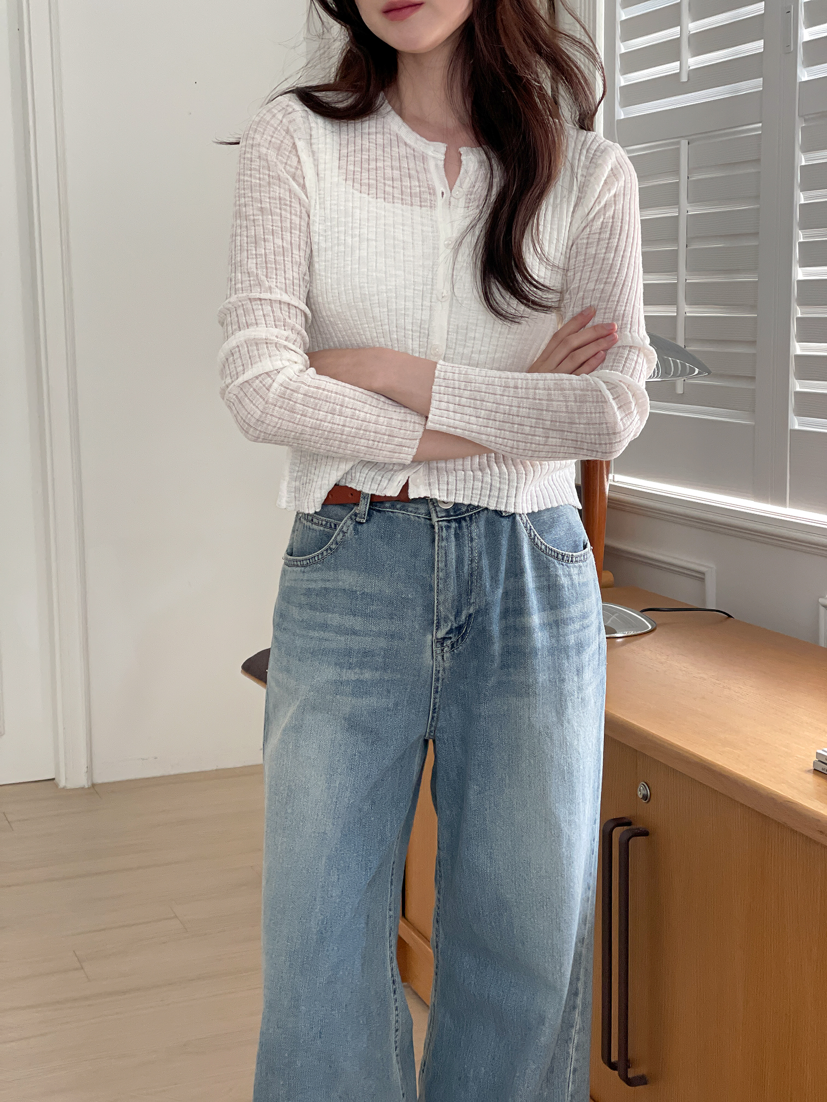 リブラウンドネックベーシックスリム長袖カーディガン | 詳細画像5