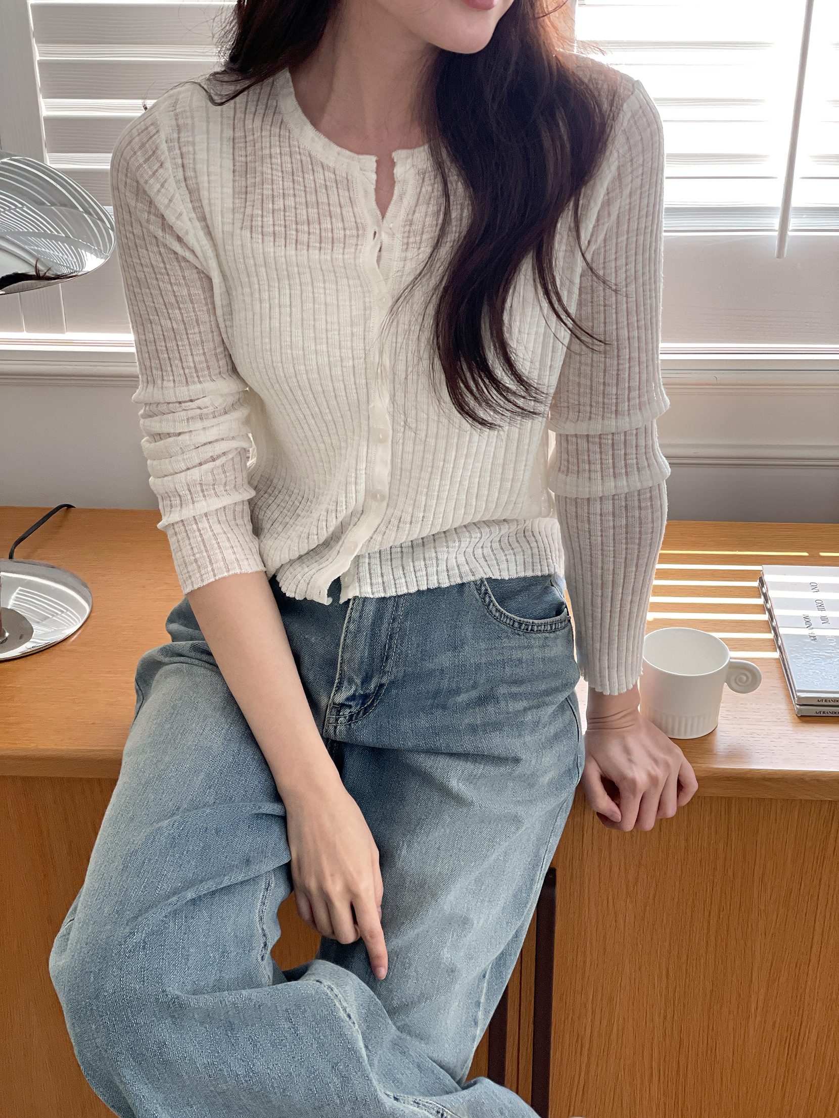 リブラウンドネックベーシックスリム長袖カーディガン | 詳細画像6