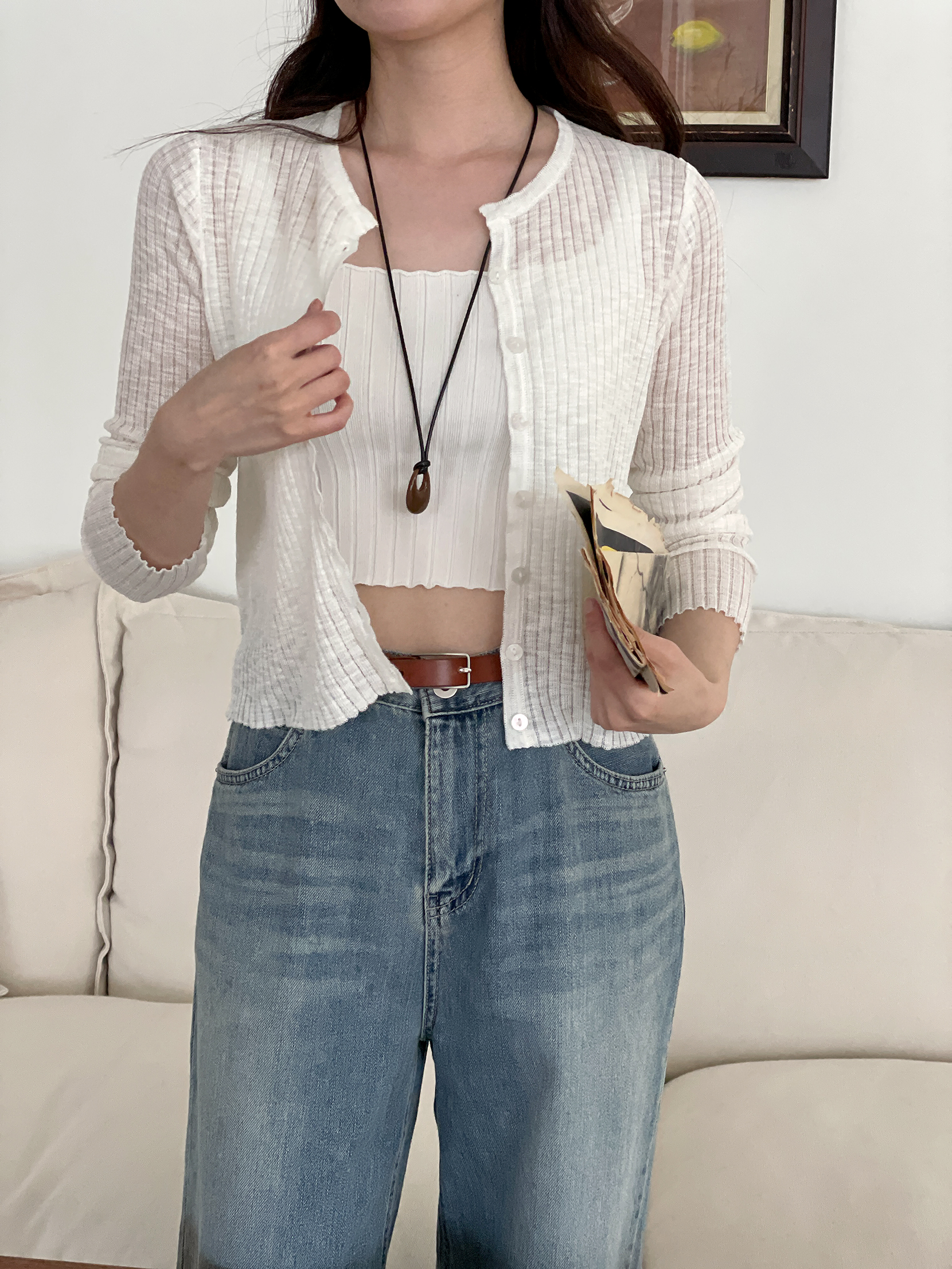 リブラウンドネックベーシックスリム長袖カーディガン | 詳細画像13