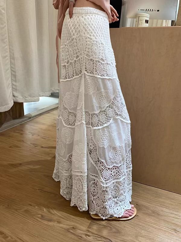 ウエストゴムロングフレアAラインレースクロシェスカート | 詳細画像5