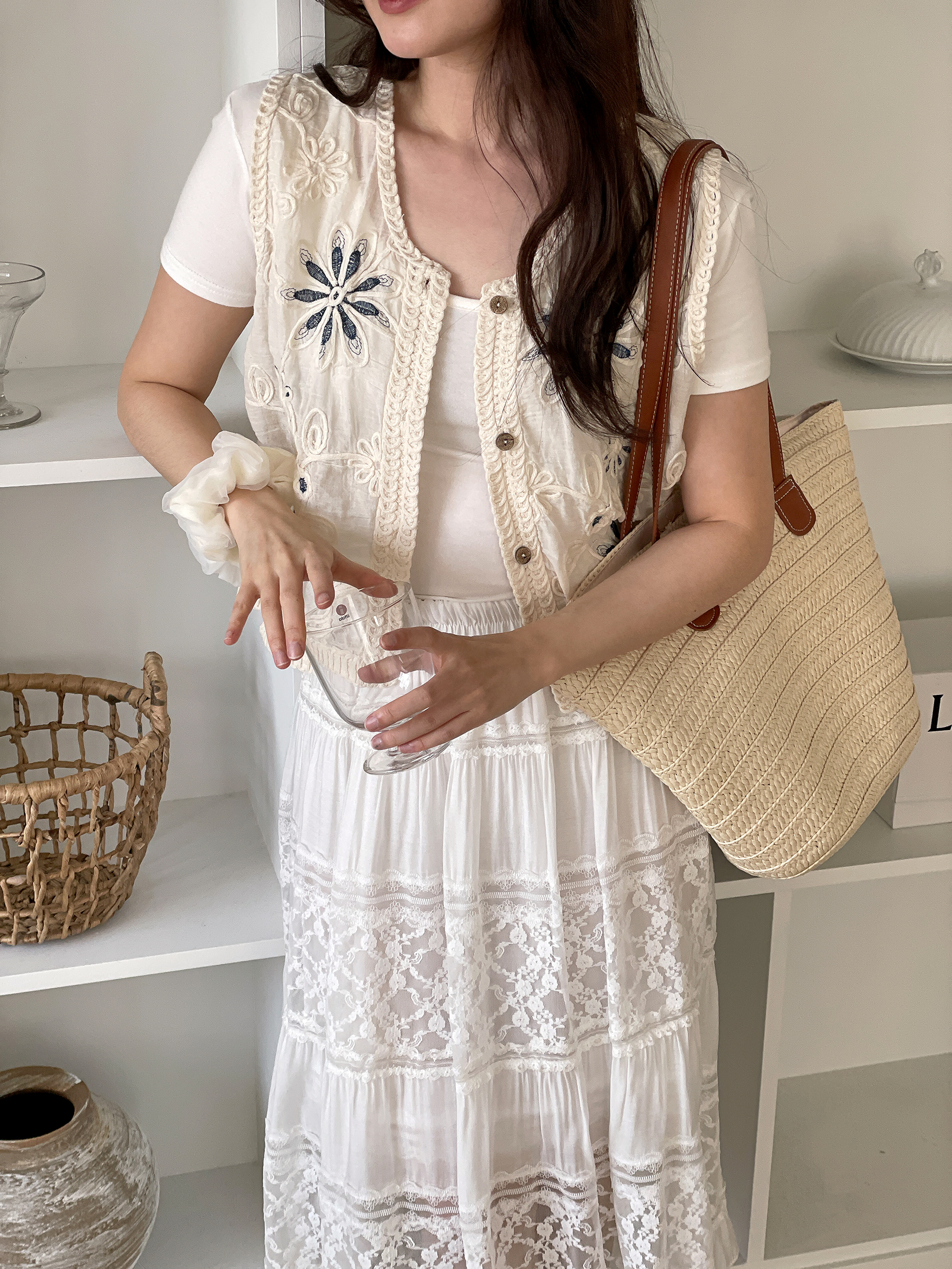 ボタンUネックルーズ刺繍花柄ベスト | 詳細画像6