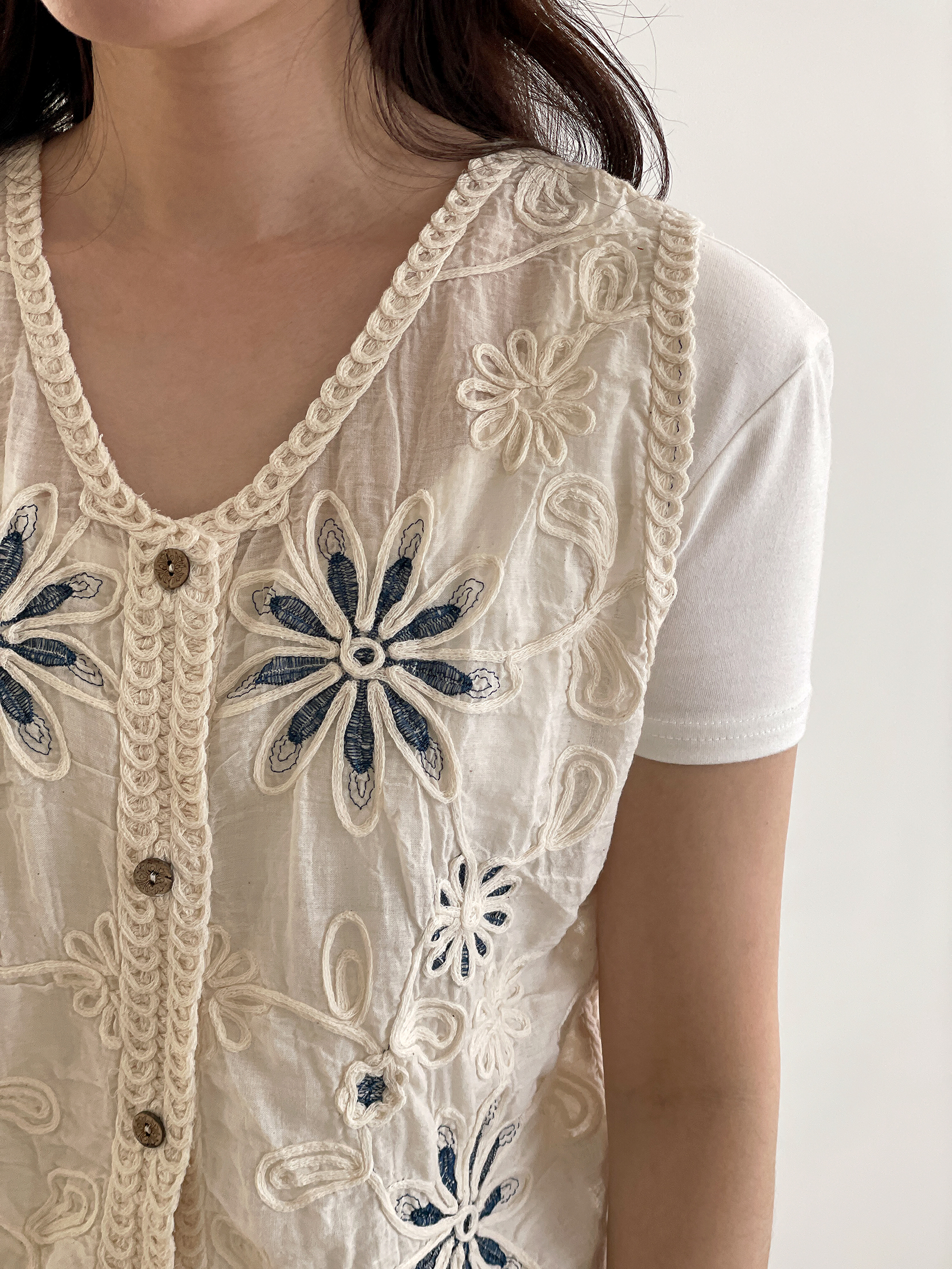 ボタンUネックルーズ刺繍花柄ベスト | 詳細画像17