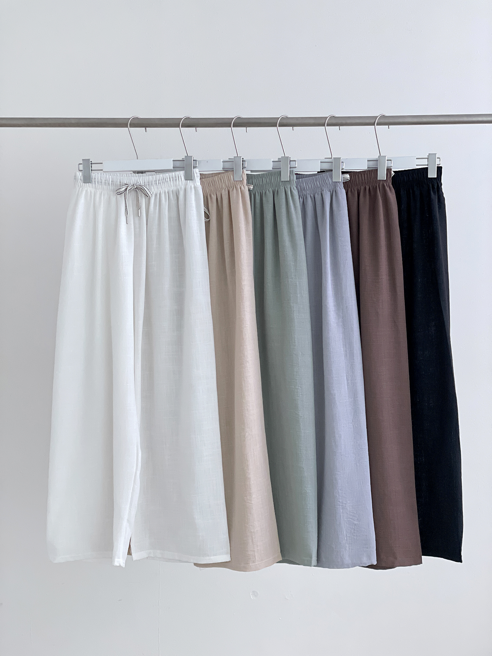 リネン混シャーリングドローストリングウエストゴムロングワイド無地パンツ | 詳細画像20