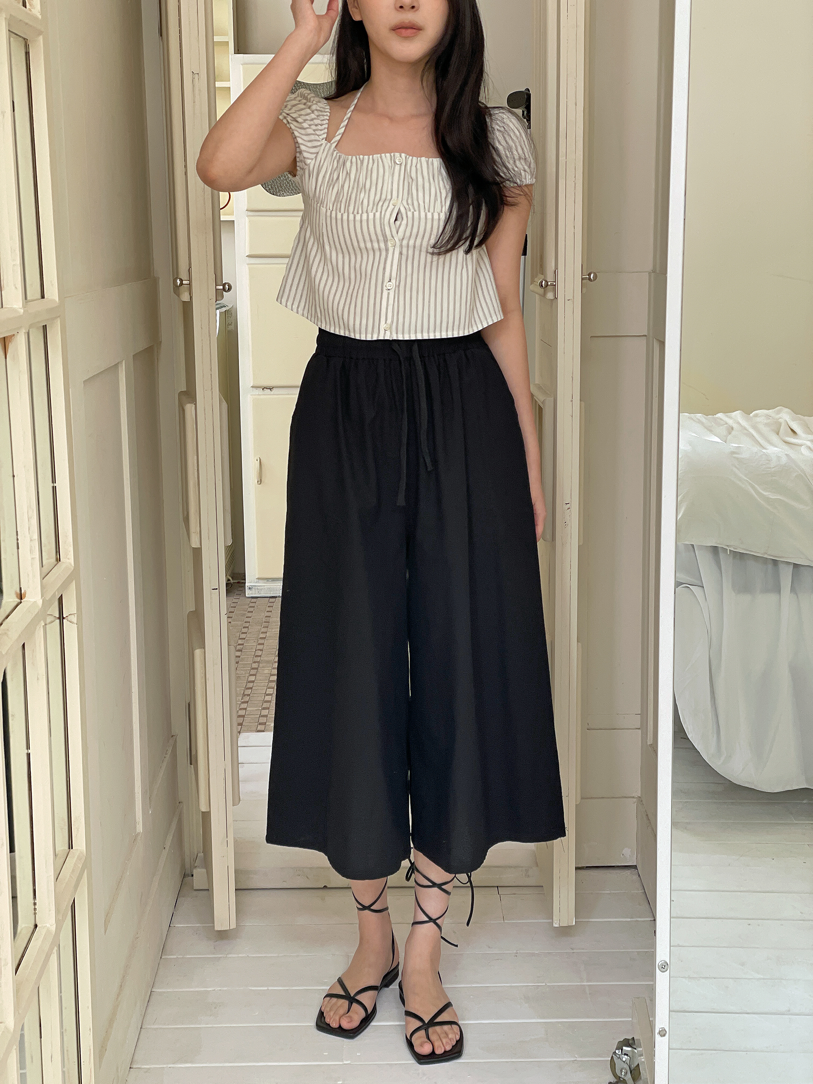 リネン混ドローストリングウエストゴムオーバーサイズボクシーフレアワイドビッグ8分丈無地パンツ | 詳細画像6