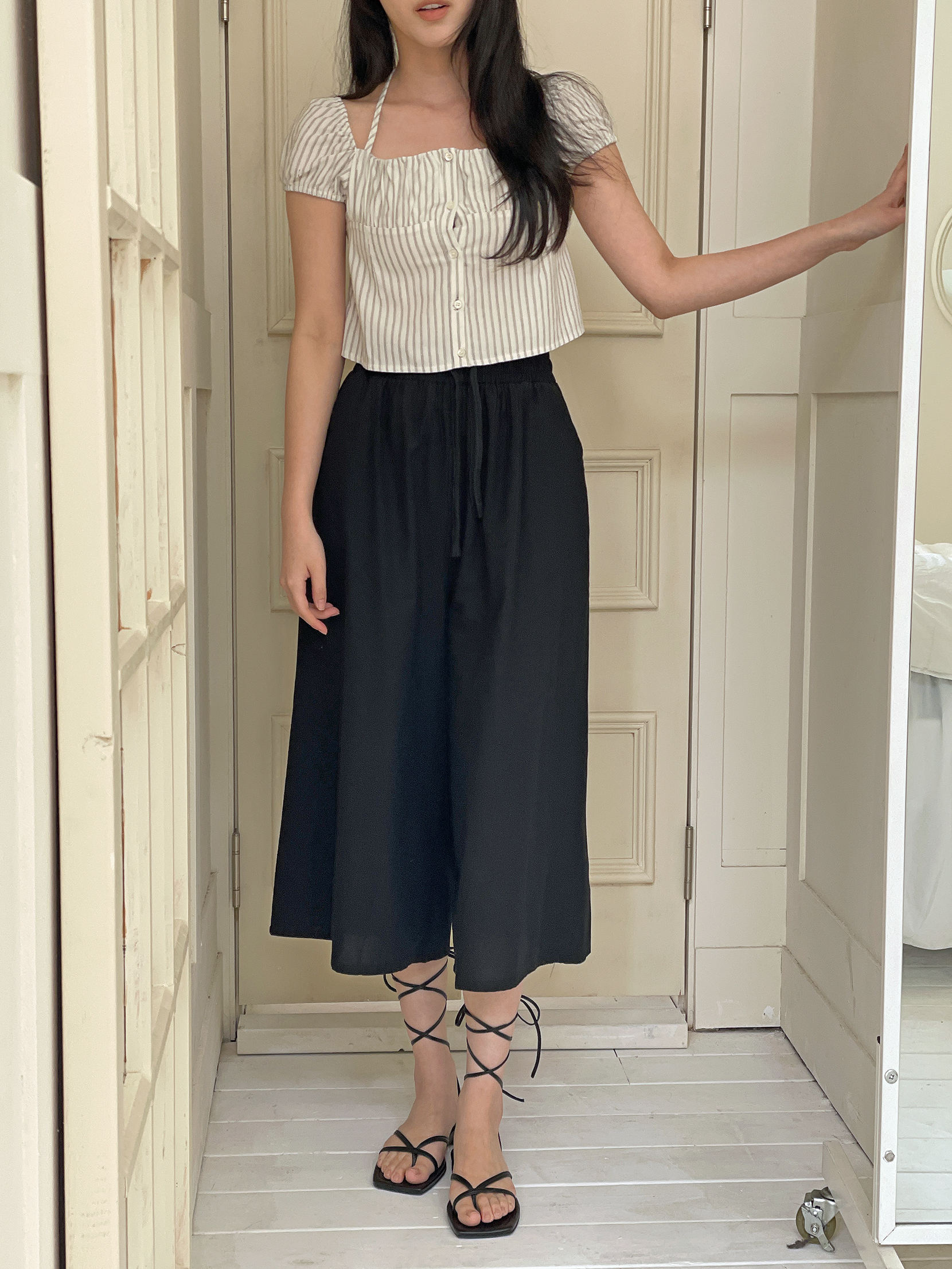 リネン混ドローストリングウエストゴムオーバーサイズボクシーフレアワイドビッグ8分丈無地パンツ | 詳細画像7