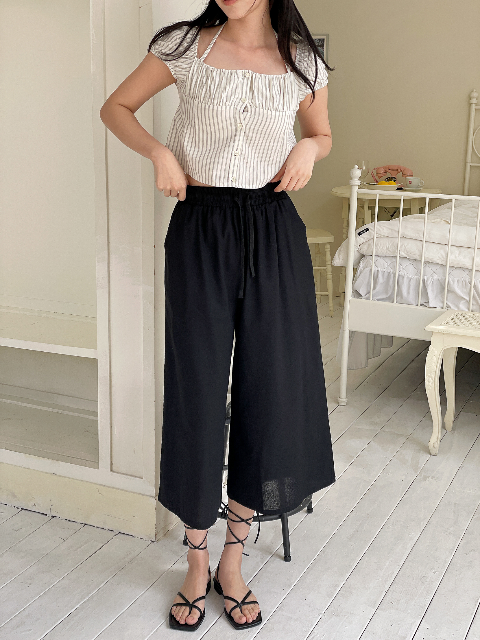 リネン混ドローストリングウエストゴムオーバーサイズボクシーフレアワイドビッグ8分丈無地パンツ | 詳細画像10