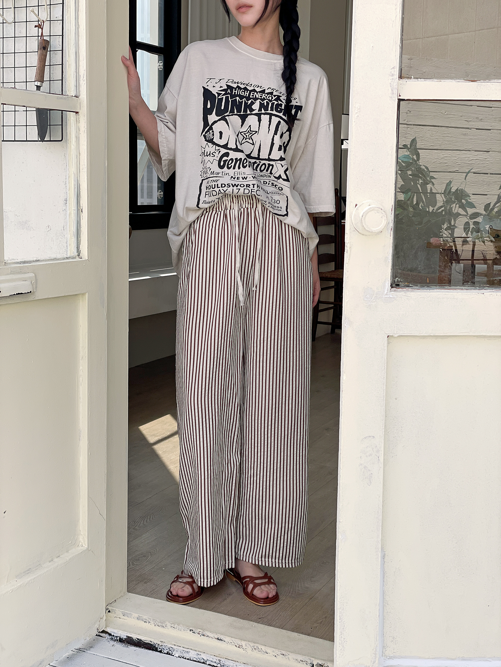 クールドローストリングウエストゴムワイドストライプ配色パンツ | 詳細画像2