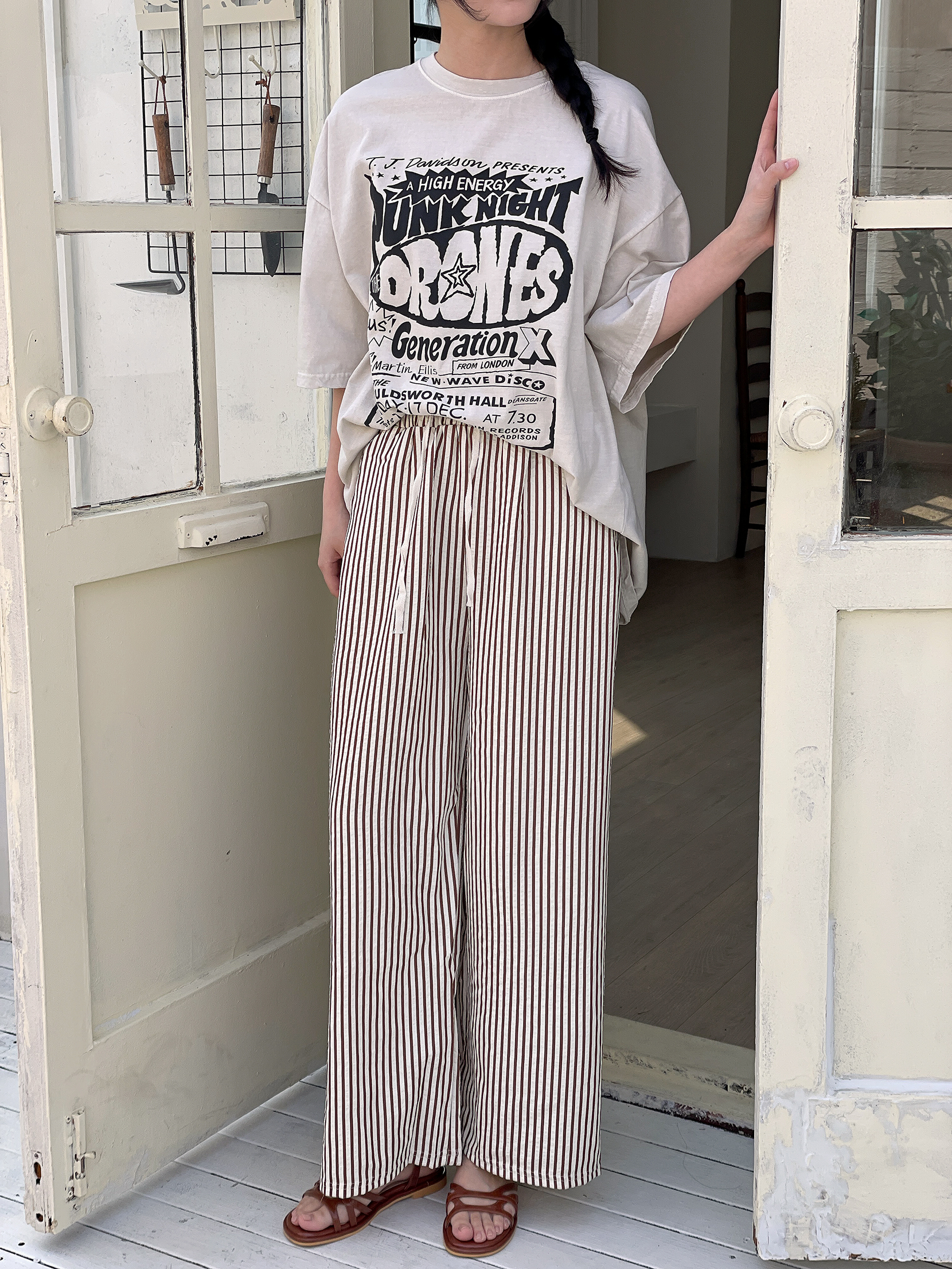 クールドローストリングウエストゴムワイドストライプ配色パンツ | 詳細画像3