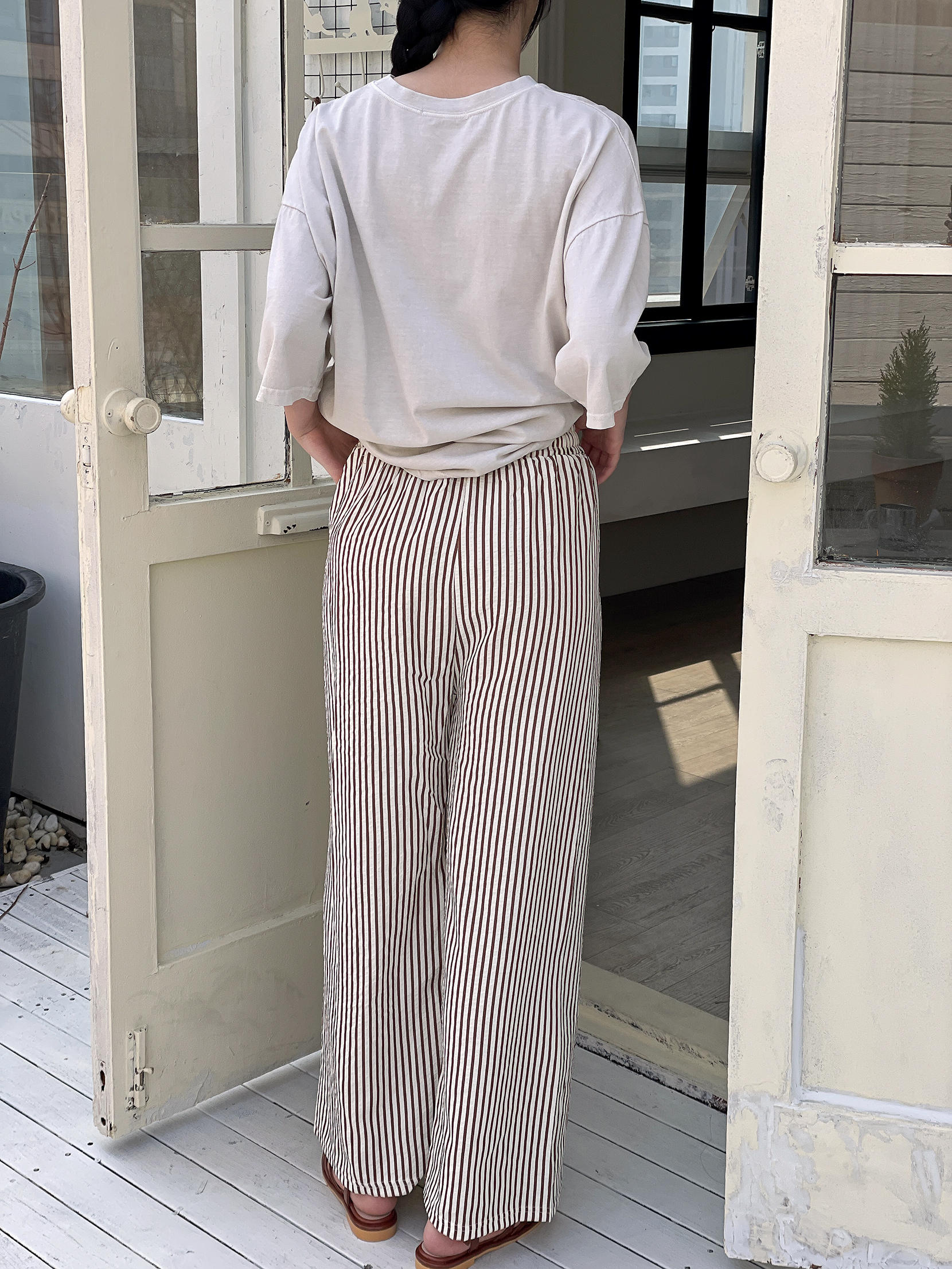 クールドローストリングウエストゴムワイドストライプ配色パンツ | 詳細画像4