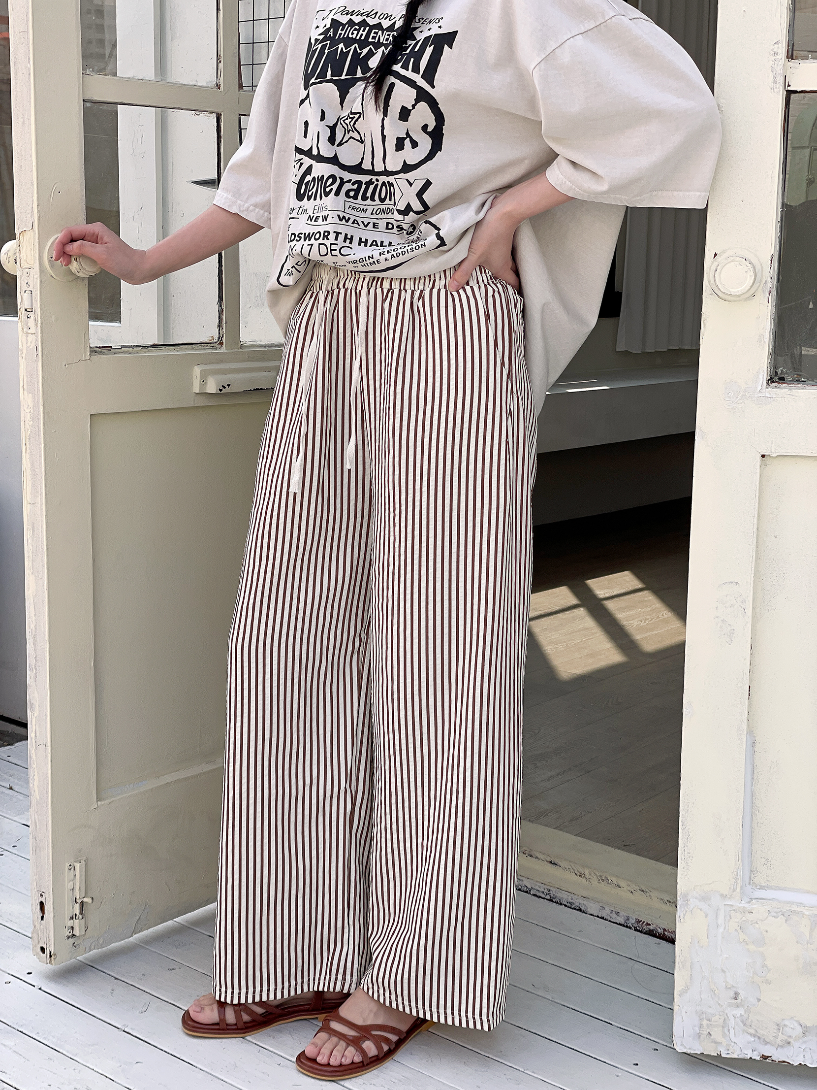 クールドローストリングウエストゴムワイドストライプ配色パンツ | 詳細画像5