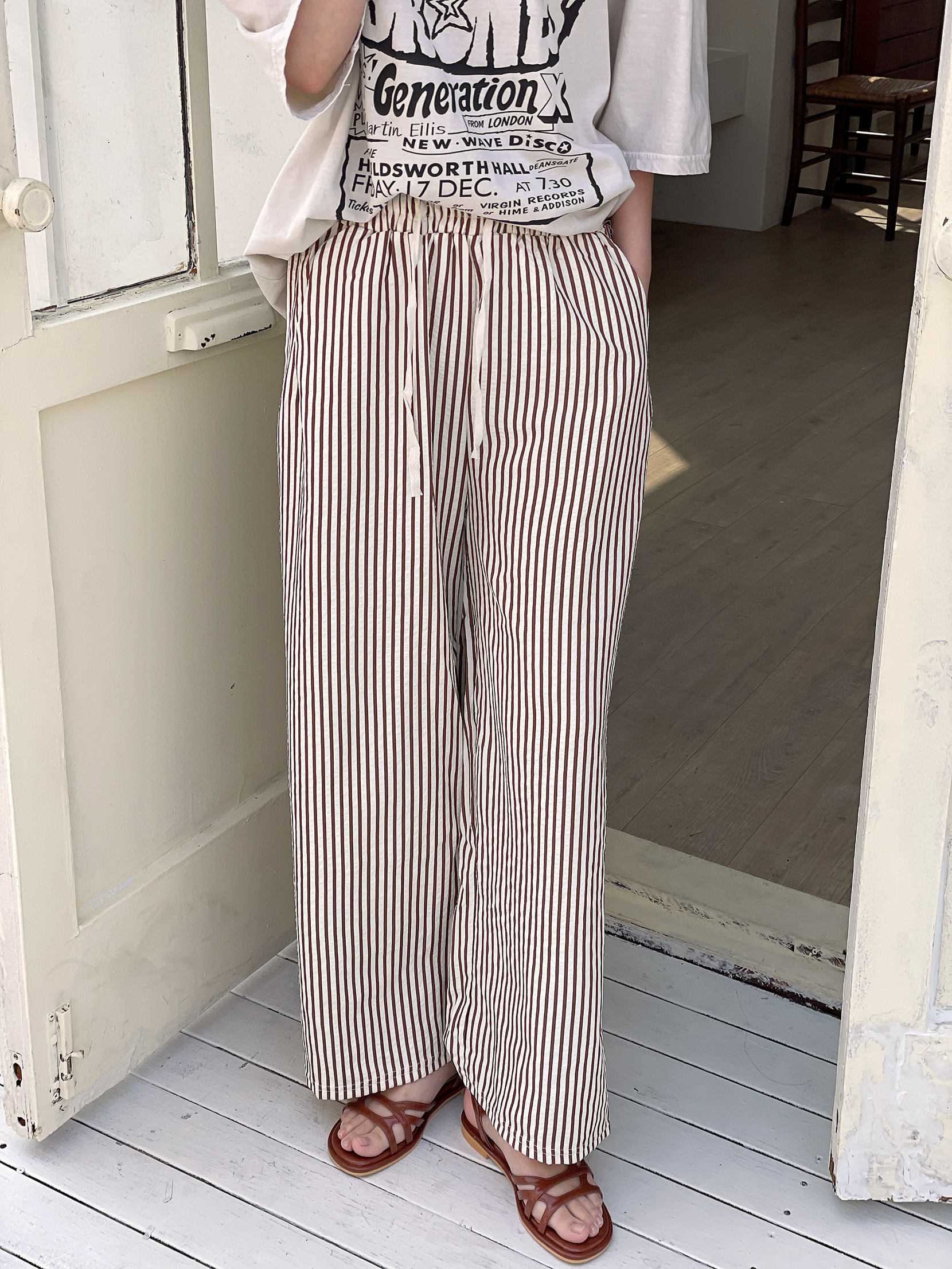 クールドローストリングウエストゴムワイドストライプ配色パンツ | 詳細画像6