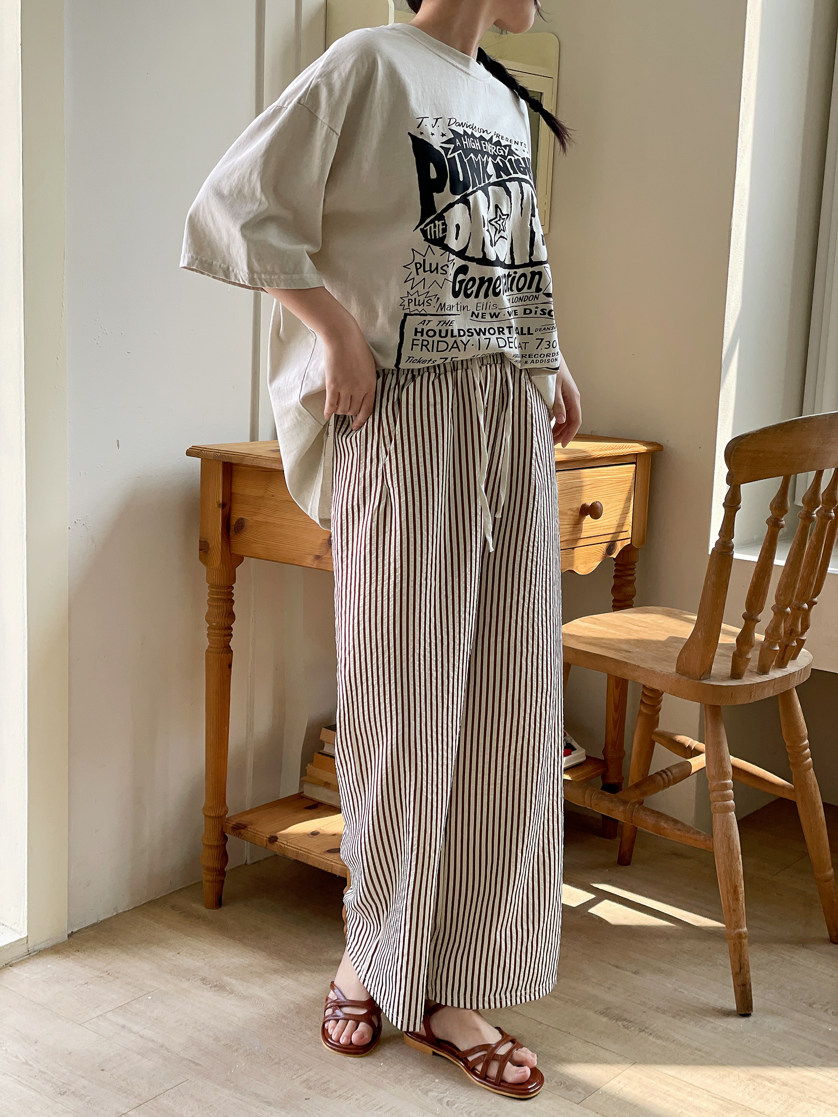 クールドローストリングウエストゴムワイドストライプ配色パンツ | 詳細画像7