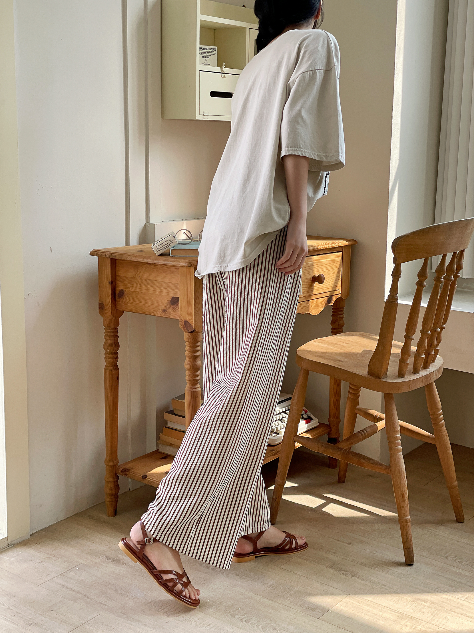 クールドローストリングウエストゴムワイドストライプ配色パンツ | 詳細画像8