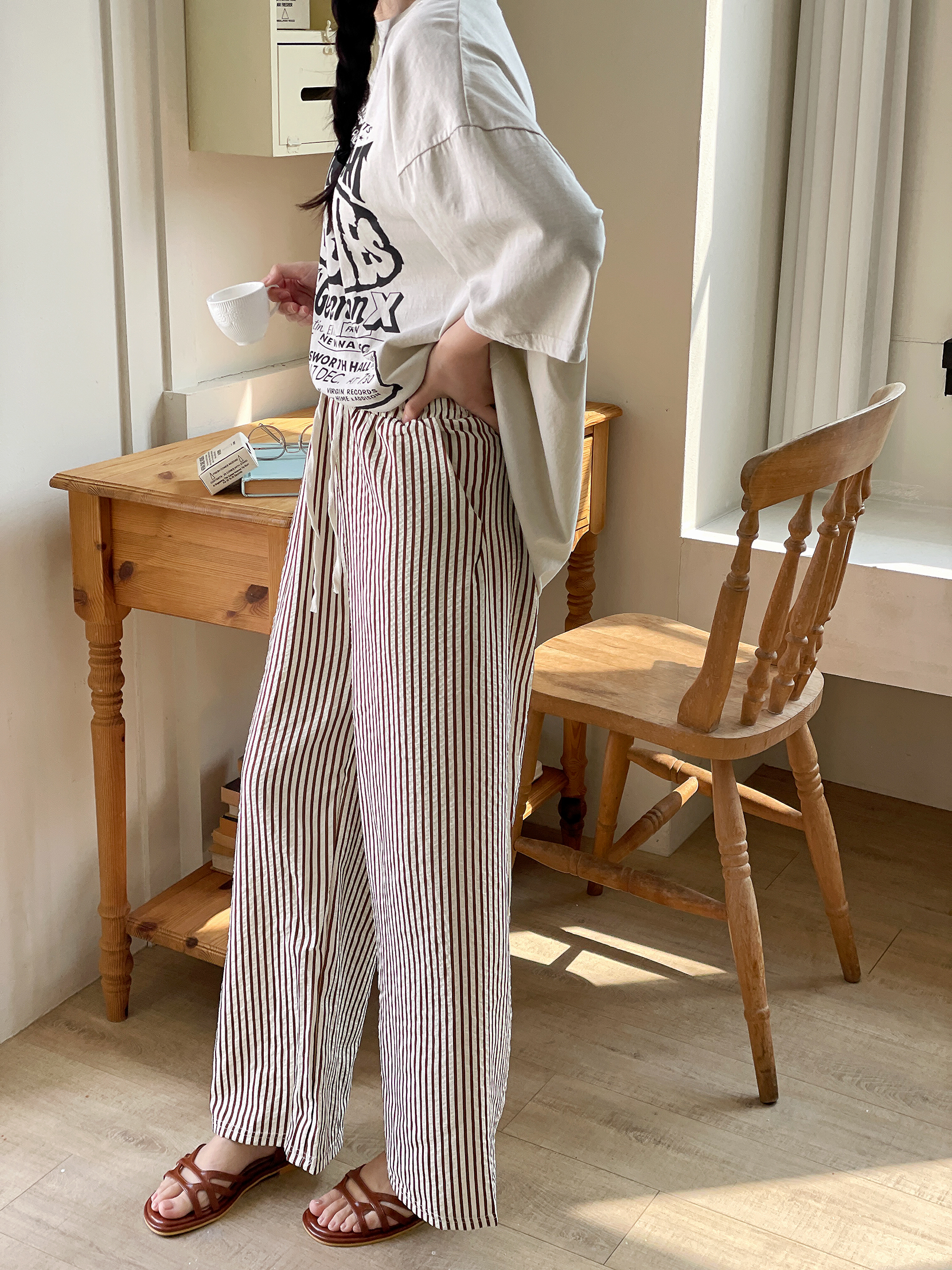 クールドローストリングウエストゴムワイドストライプ配色パンツ | 詳細画像9