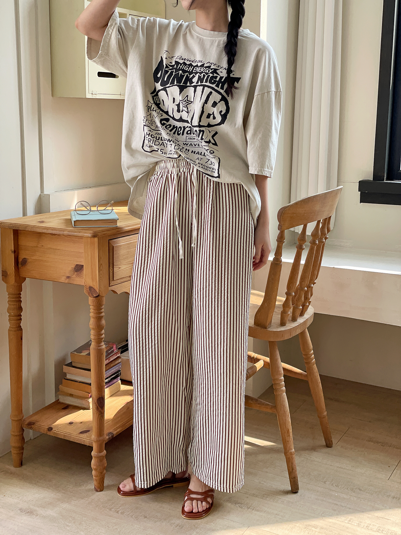 クールドローストリングウエストゴムワイドストライプ配色パンツ | 詳細画像10