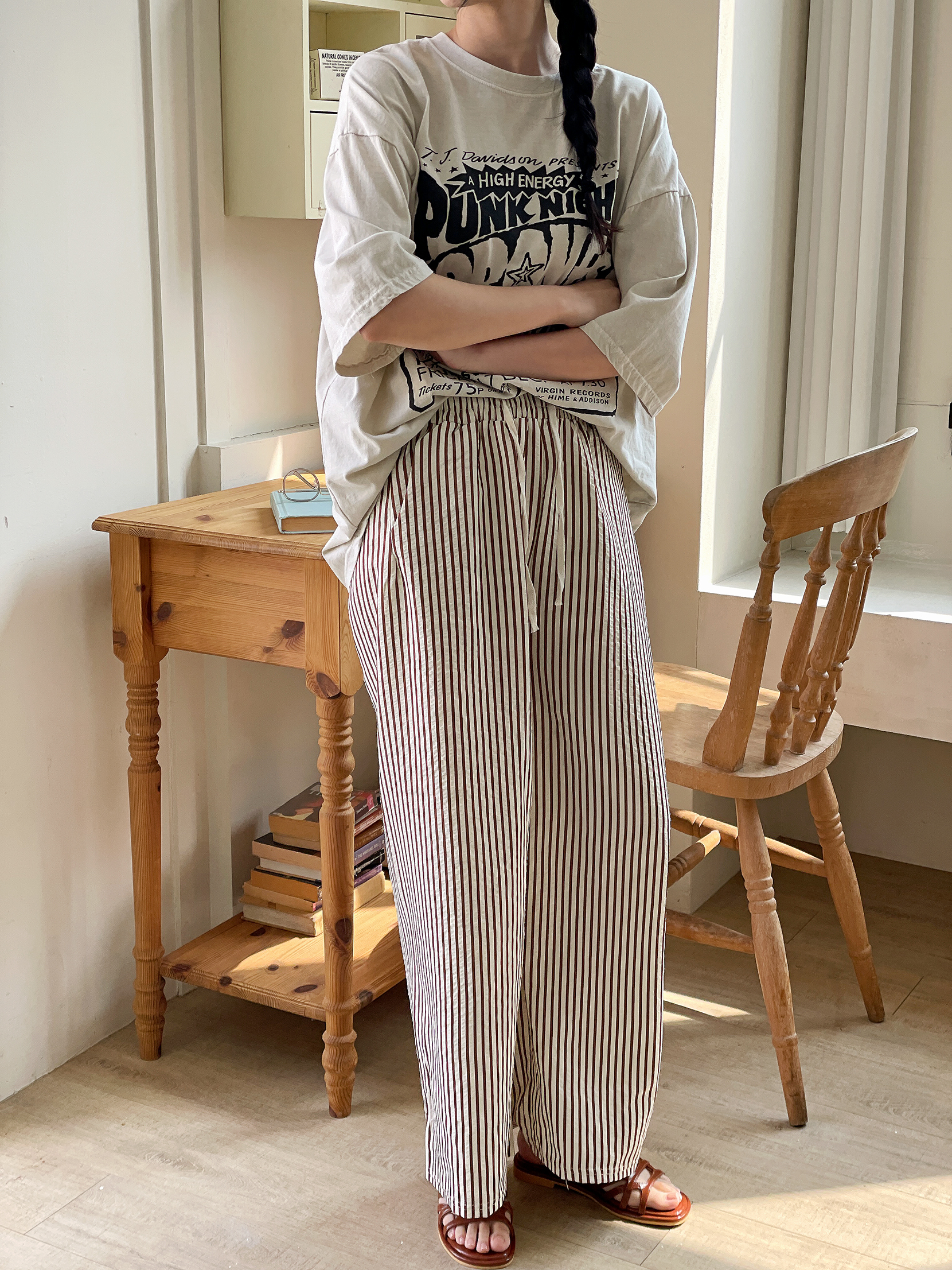 クールドローストリングウエストゴムワイドストライプ配色パンツ | 詳細画像11