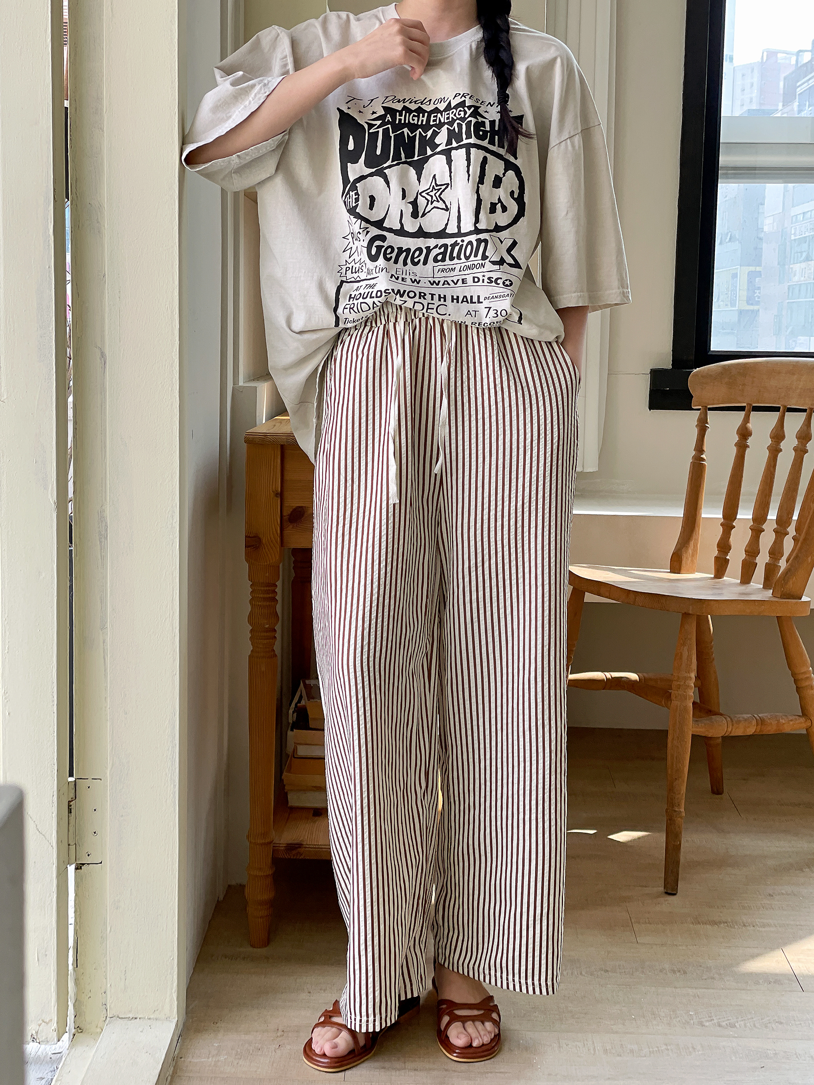 クールドローストリングウエストゴムワイドストライプ配色パンツ | 詳細画像13