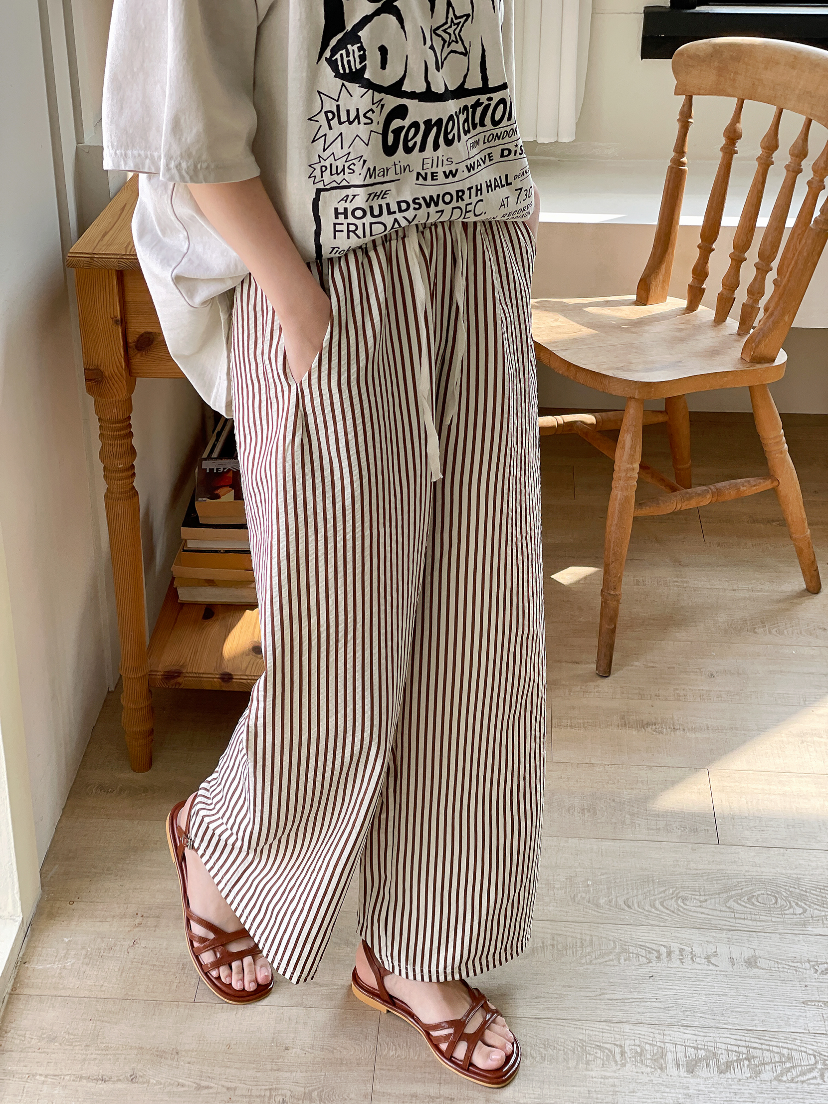 クールドローストリングウエストゴムワイドストライプ配色パンツ | 詳細画像14