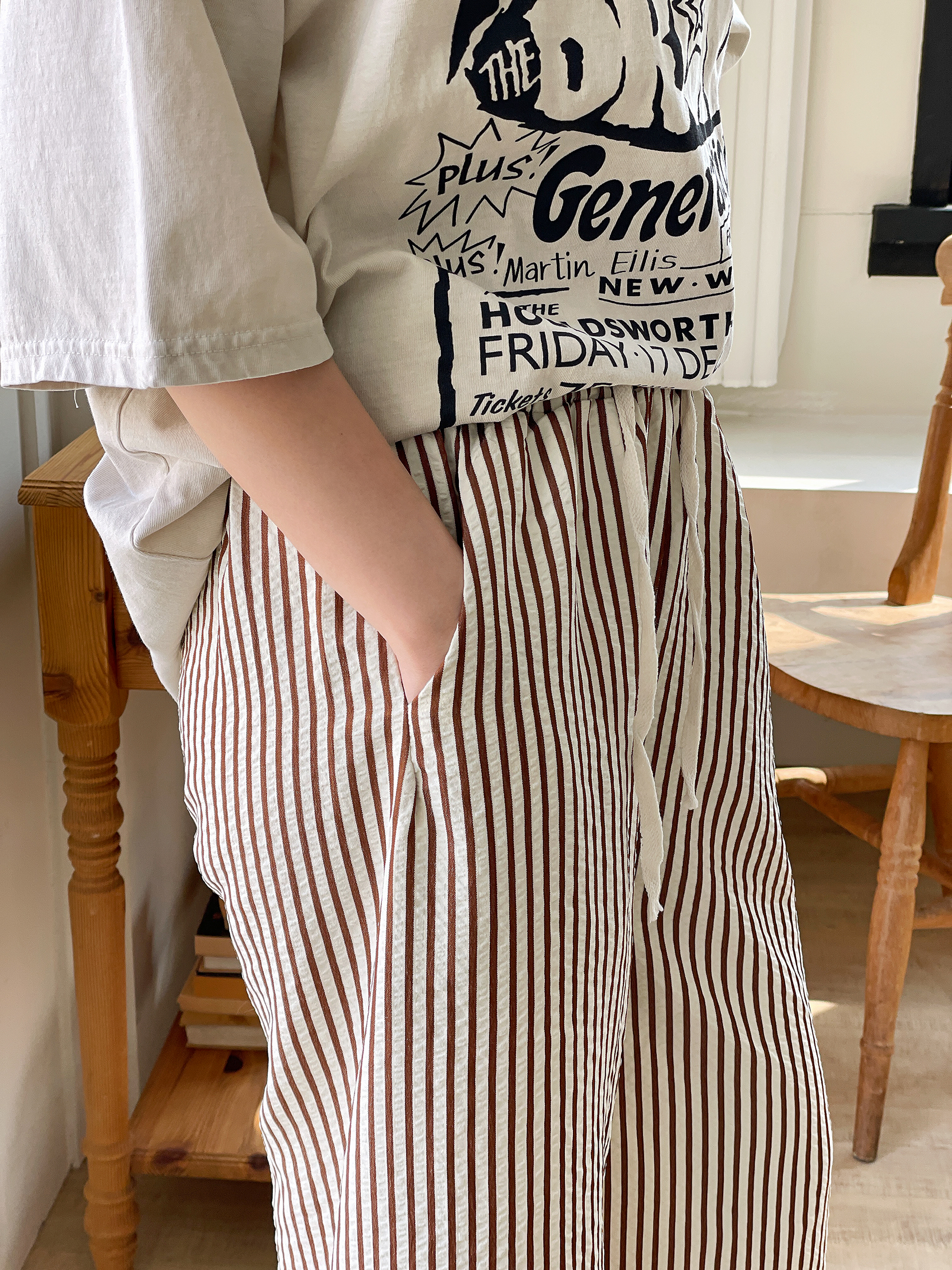 クールドローストリングウエストゴムワイドストライプ配色パンツ | 詳細画像15