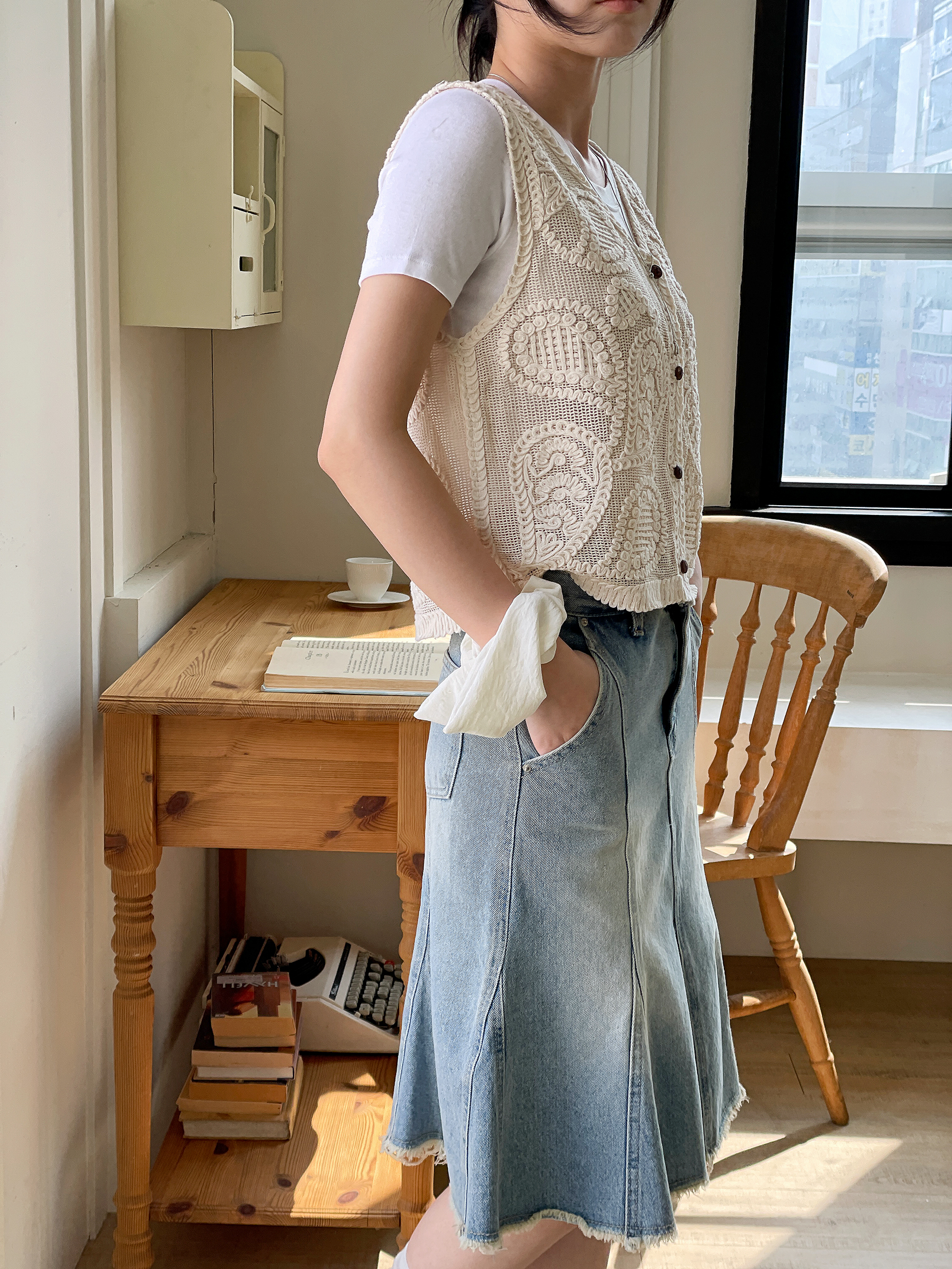 コットンボタンVネッククロシェベスト | 詳細画像3