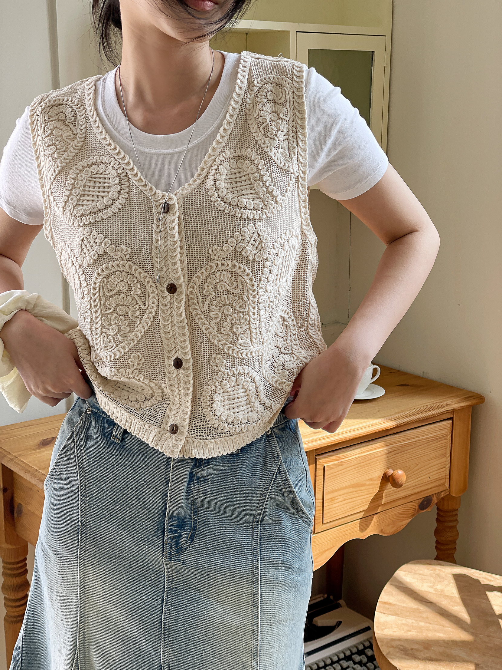 コットンボタンVネッククロシェベスト | 詳細画像11