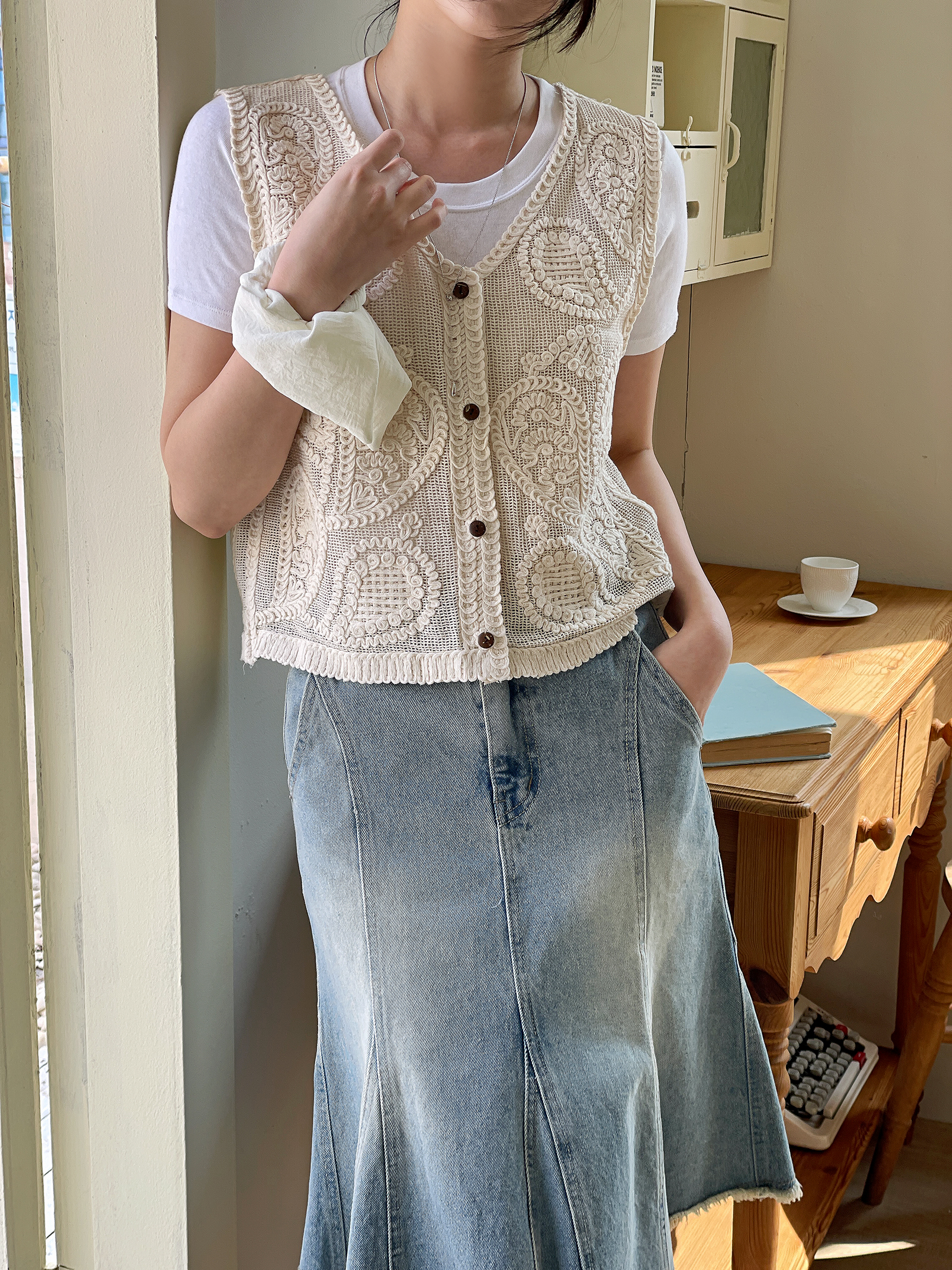 コットンボタンVネッククロシェベスト | 詳細画像14