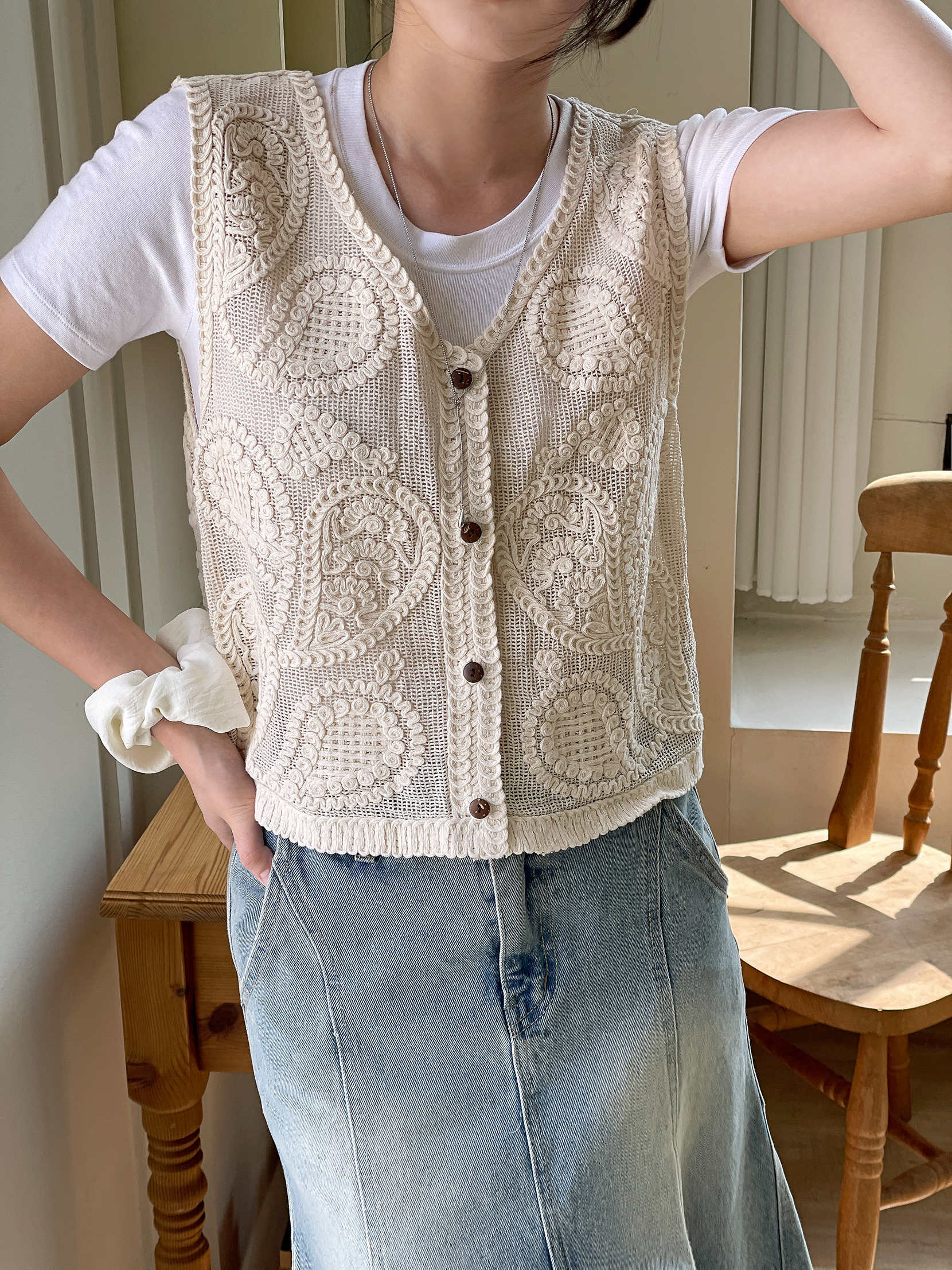 コットンボタンVネッククロシェベスト | 詳細画像15