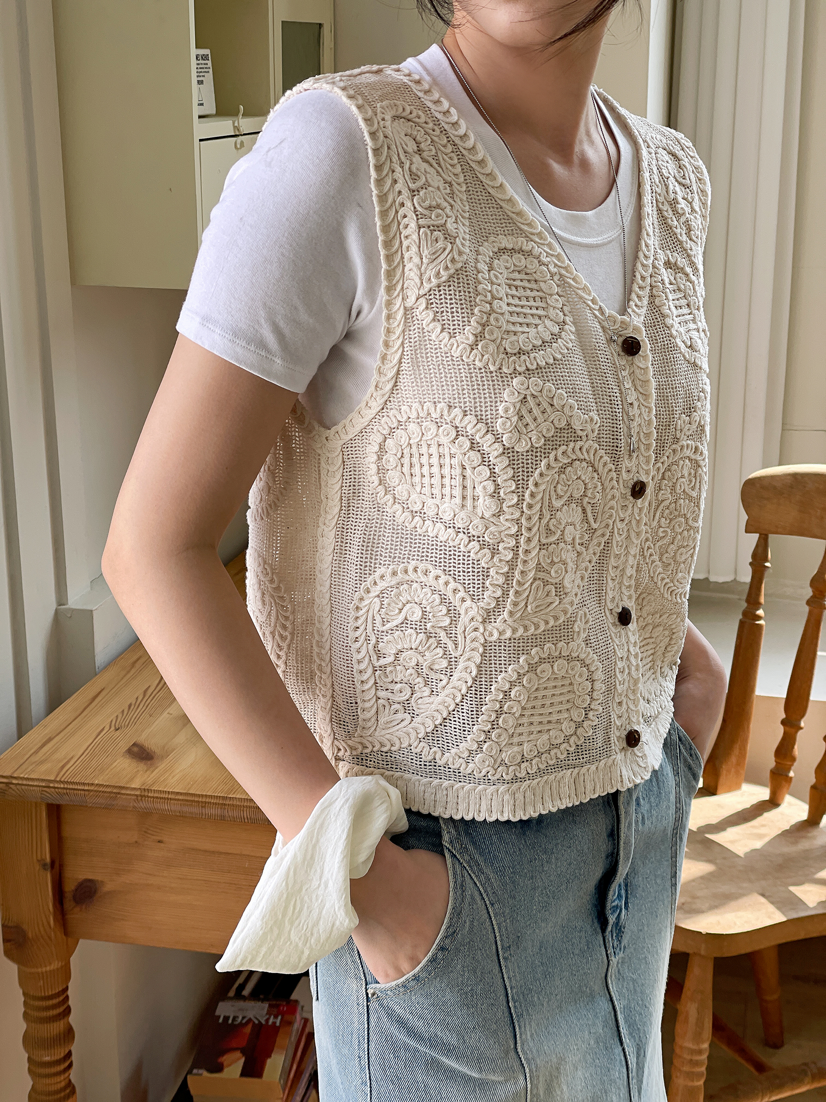 コットンボタンVネッククロシェベスト | 詳細画像2