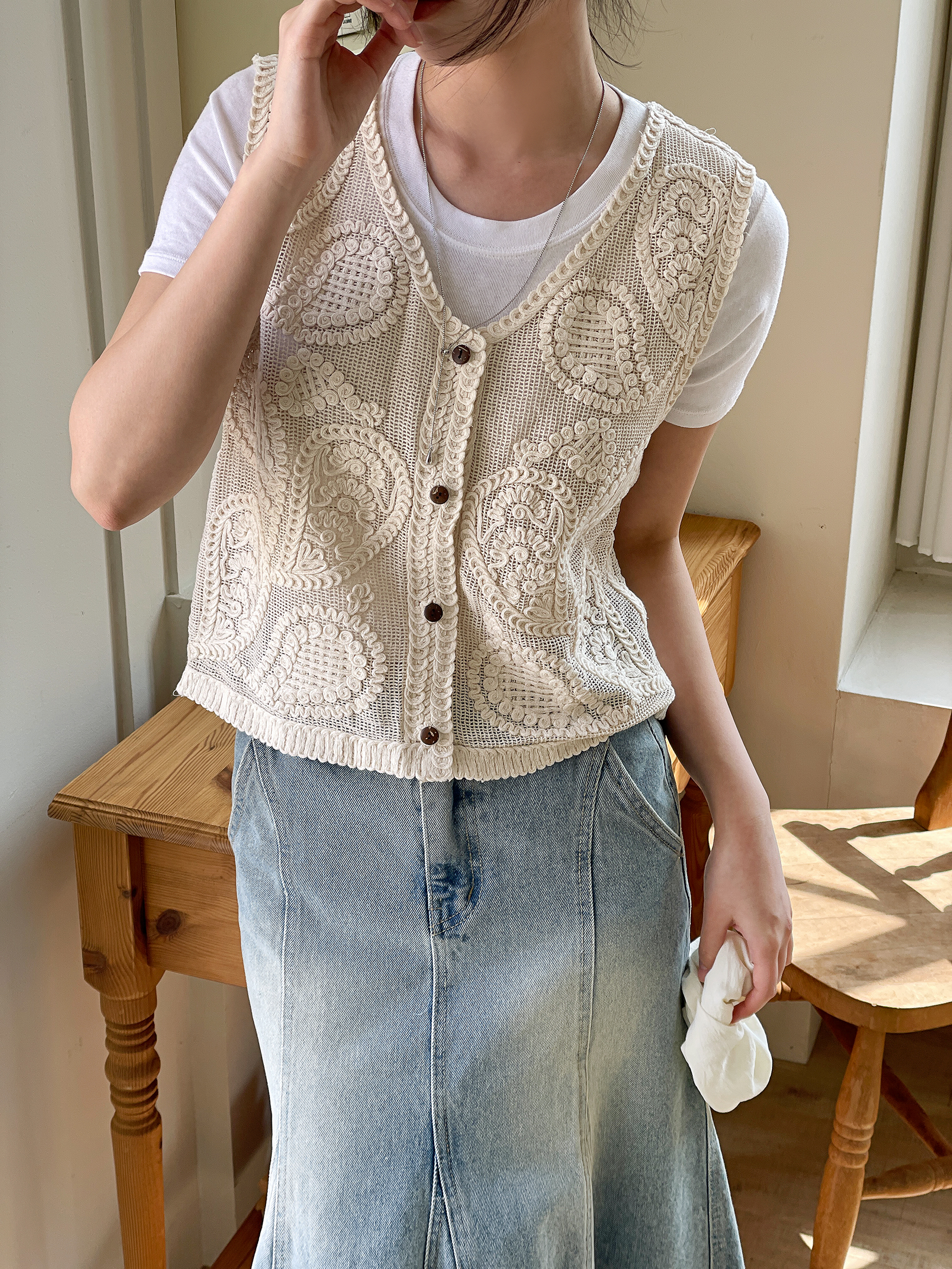 コットンボタンVネッククロシェベスト | 詳細画像13