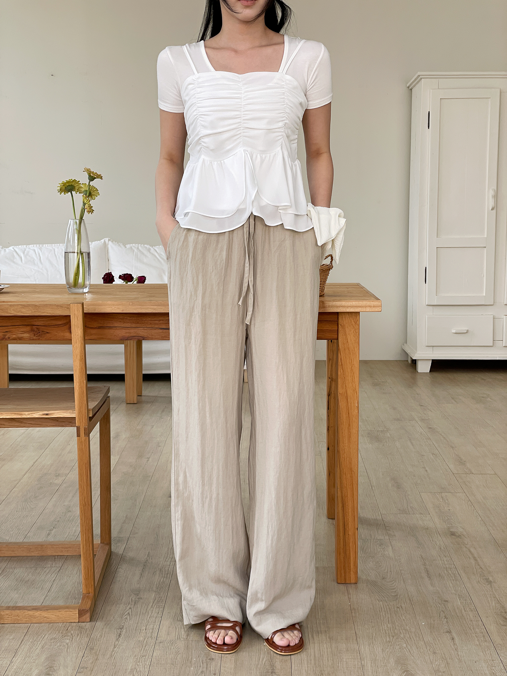 リネン混ドローストリングポケットウエストゴムストレートワイド無地パンツ | 詳細画像2