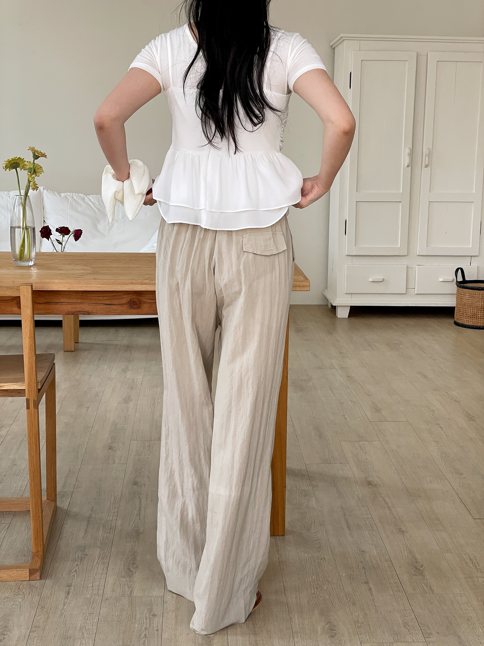 リネン混ドローストリングポケットウエストゴムストレートワイド無地パンツ | 詳細画像5