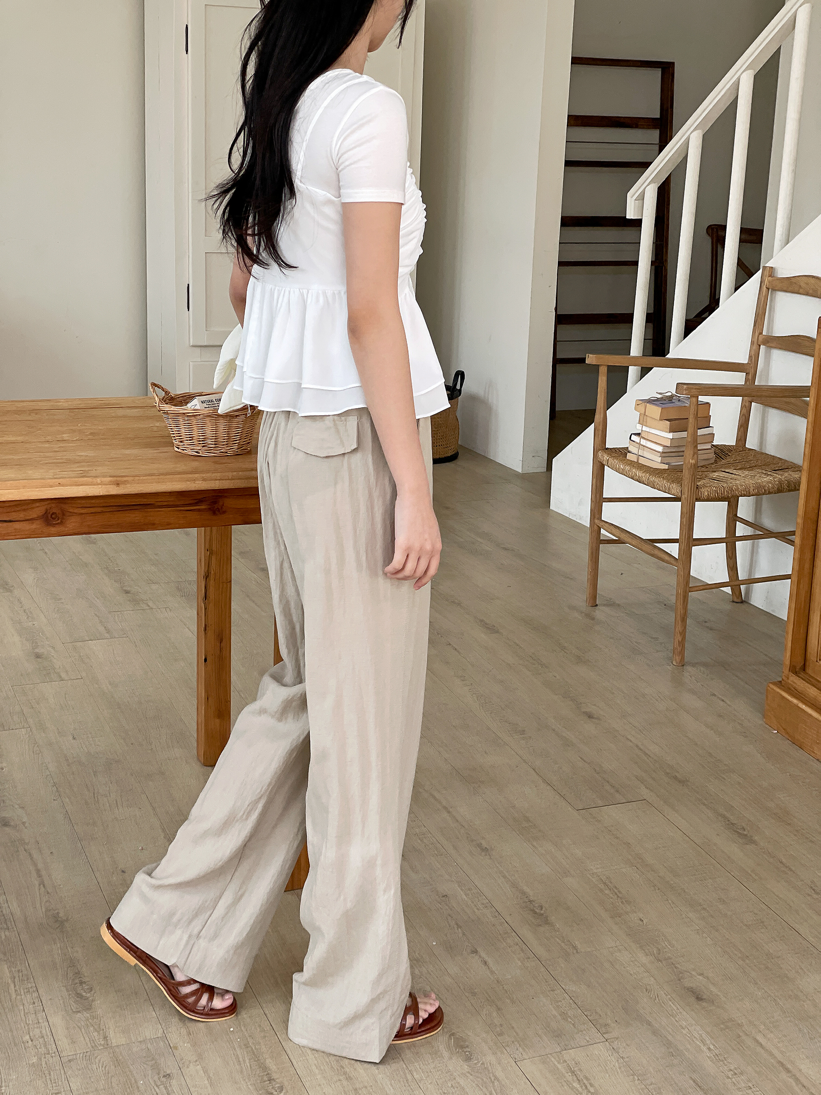 リネン混ドローストリングポケットウエストゴムストレートワイド無地パンツ | 詳細画像8