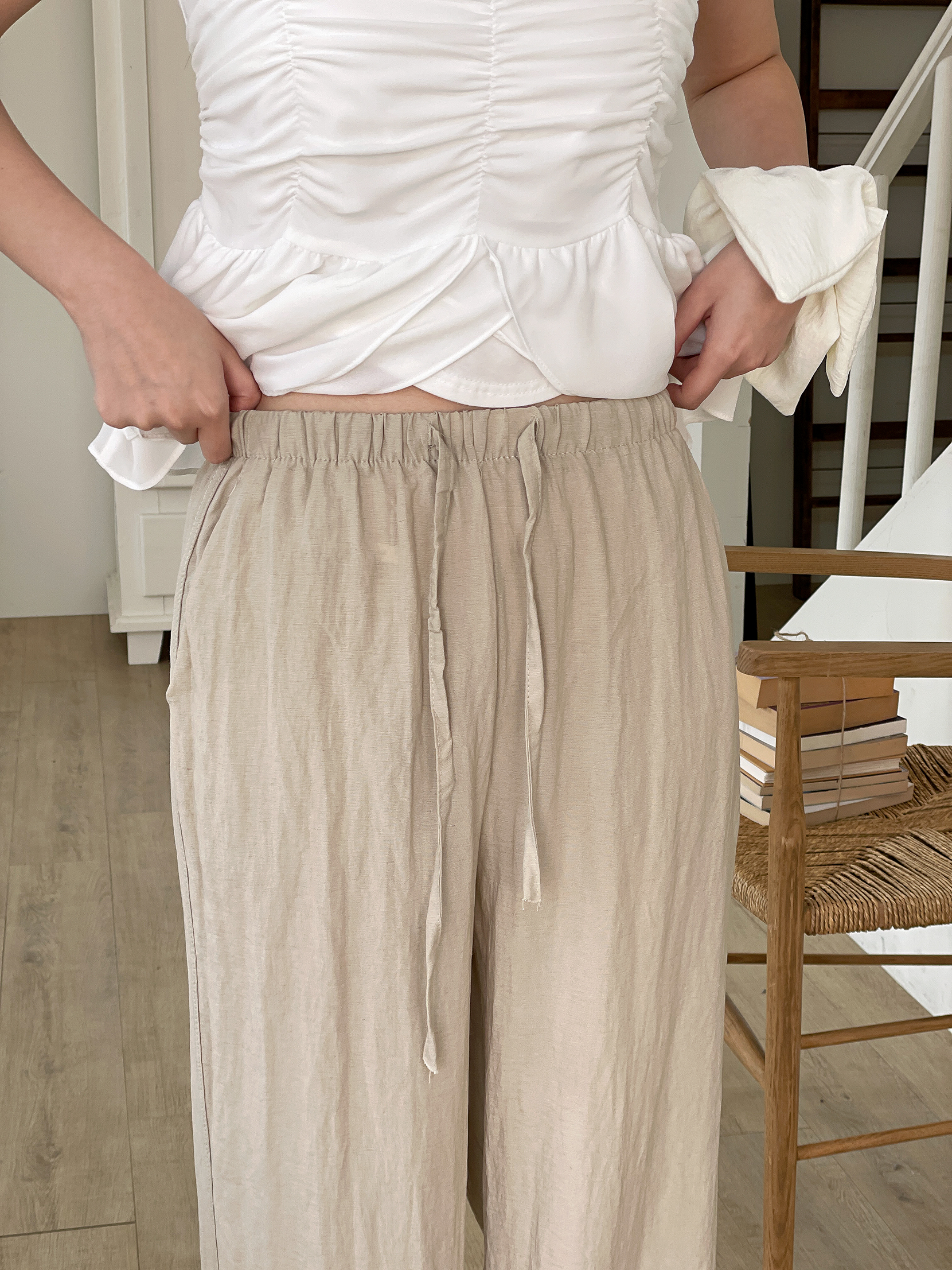 リネン混ドローストリングポケットウエストゴムストレートワイド無地パンツ | 詳細画像12