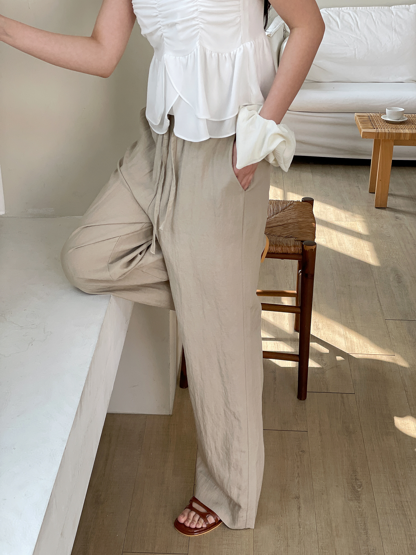 リネン混ドローストリングポケットウエストゴムストレートワイド無地パンツ | 詳細画像14