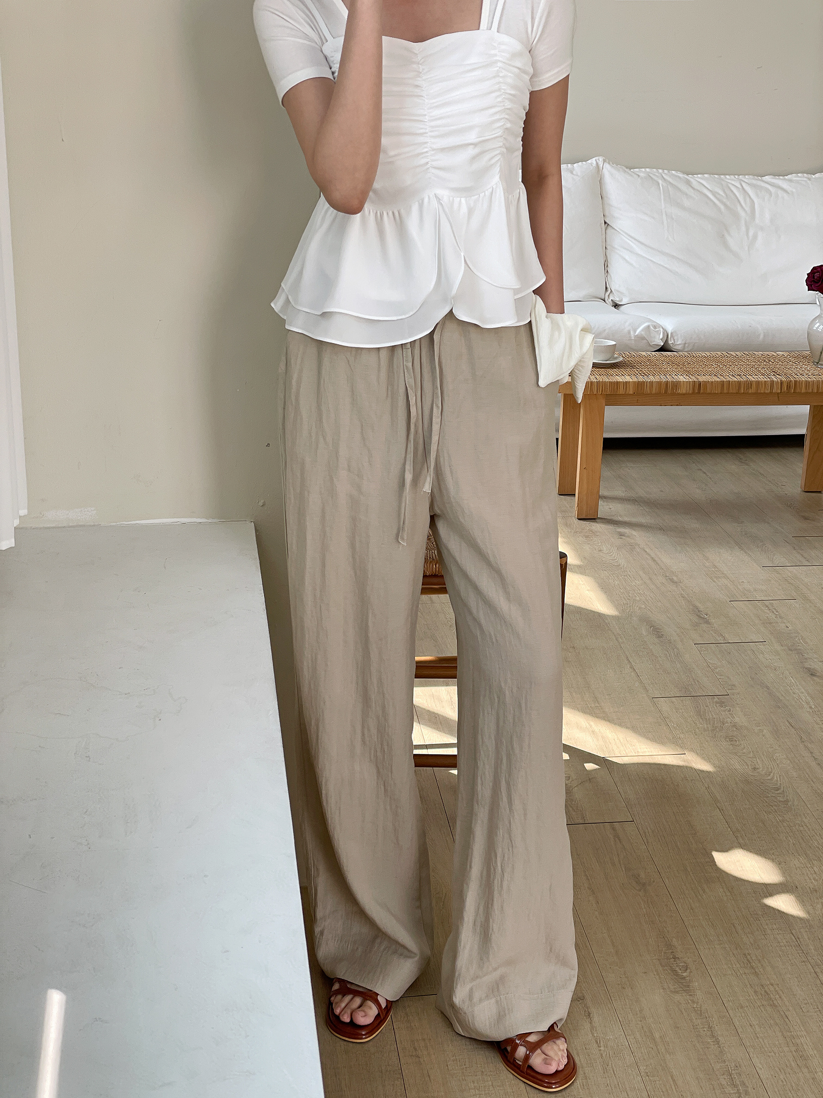 リネン混ドローストリングポケットウエストゴムストレートワイド無地パンツ | 詳細画像15