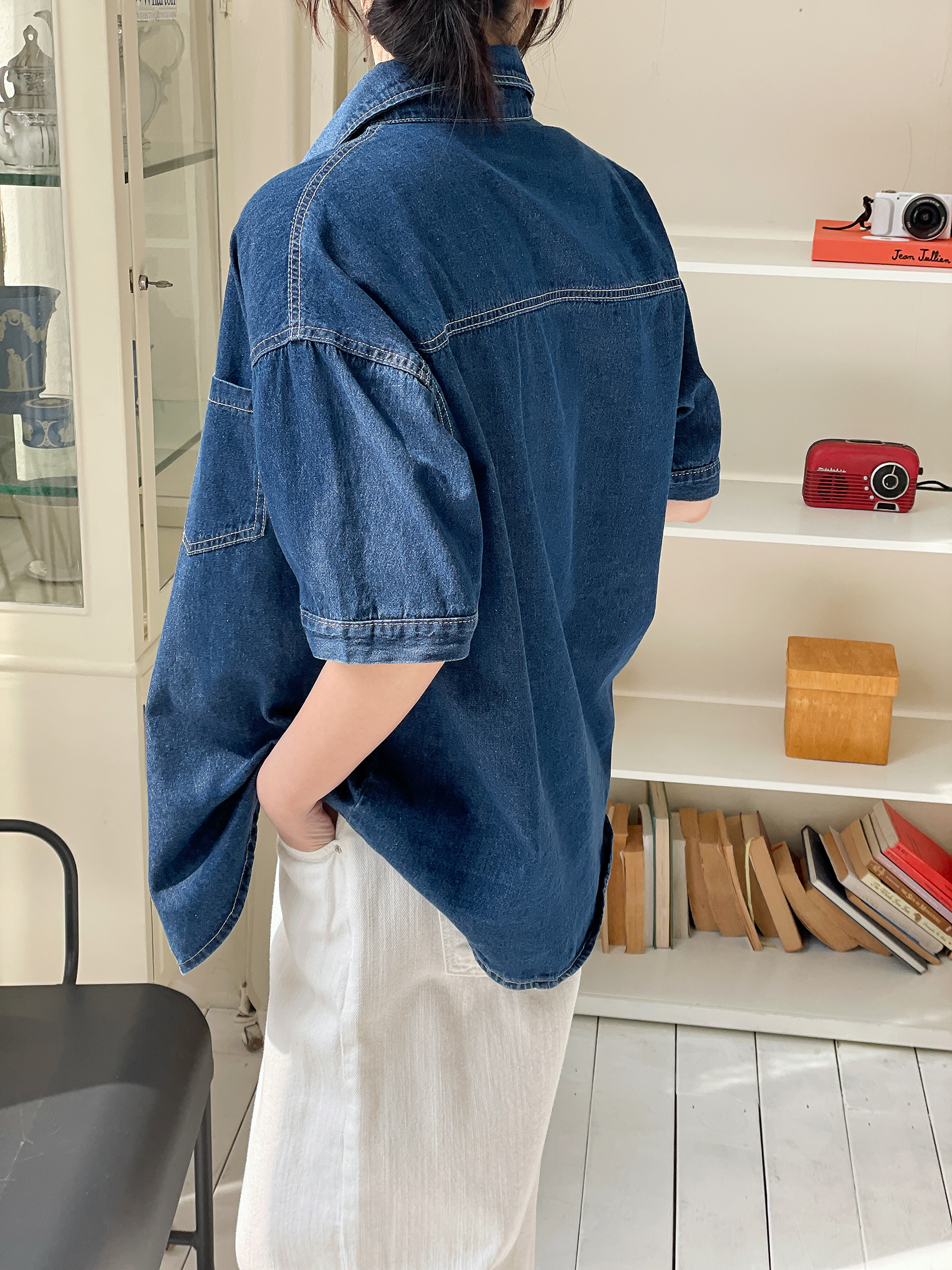 ノンウォッシュデニムボタンカラーオーバーサイズ半袖ハーフドロップショルダーライトブルーディープブルーシャツ | 詳細画像15