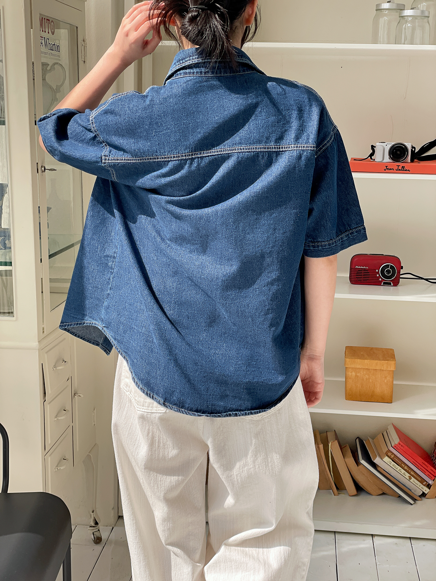 ノンウォッシュデニムボタンカラーオーバーサイズ半袖ハーフドロップショルダーライトブルーディープブルーシャツ | 詳細画像14