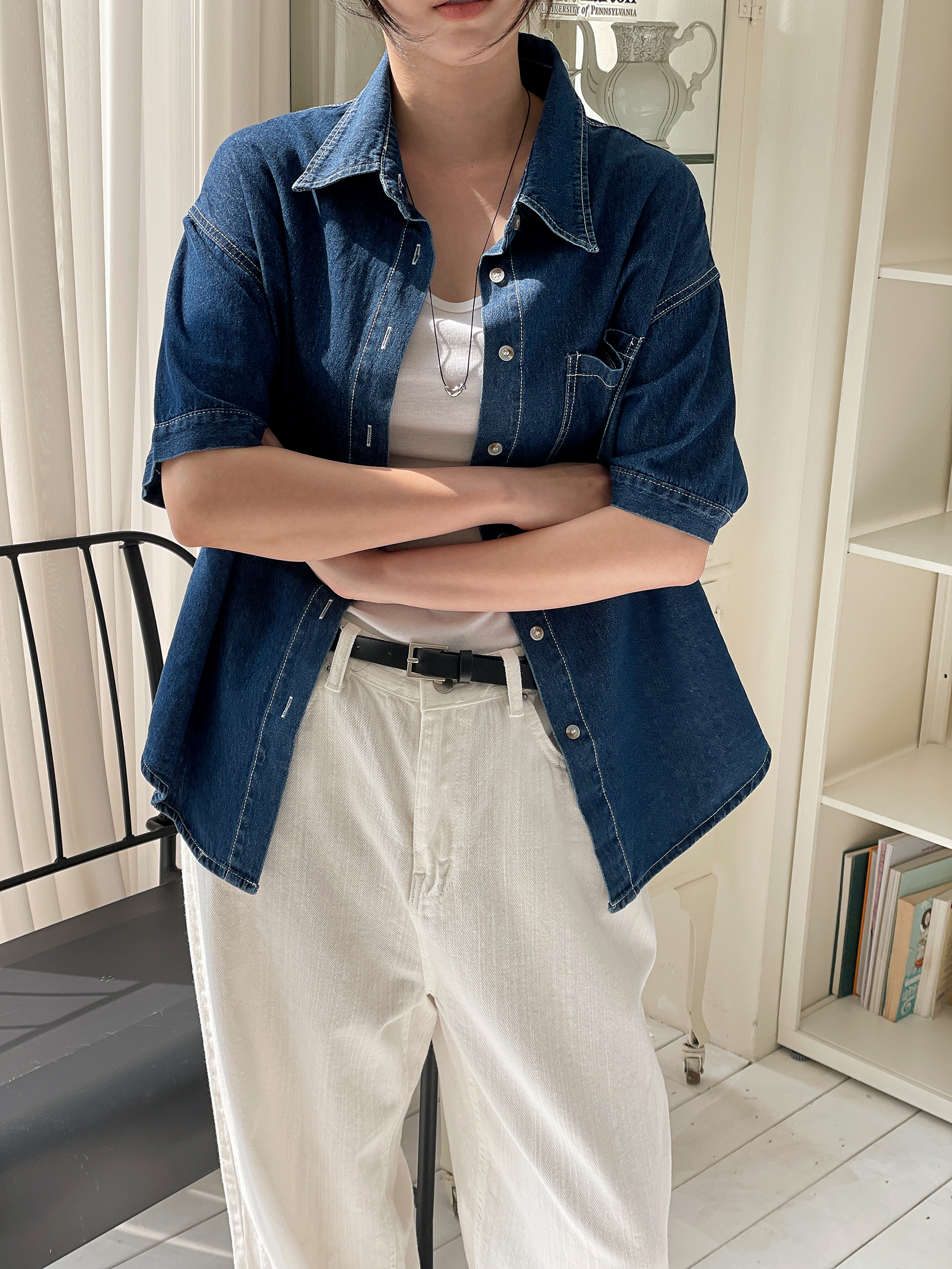 ノンウォッシュデニムボタンカラーオーバーサイズ半袖ハーフドロップショルダーライトブルーディープブルーシャツ | 詳細画像16