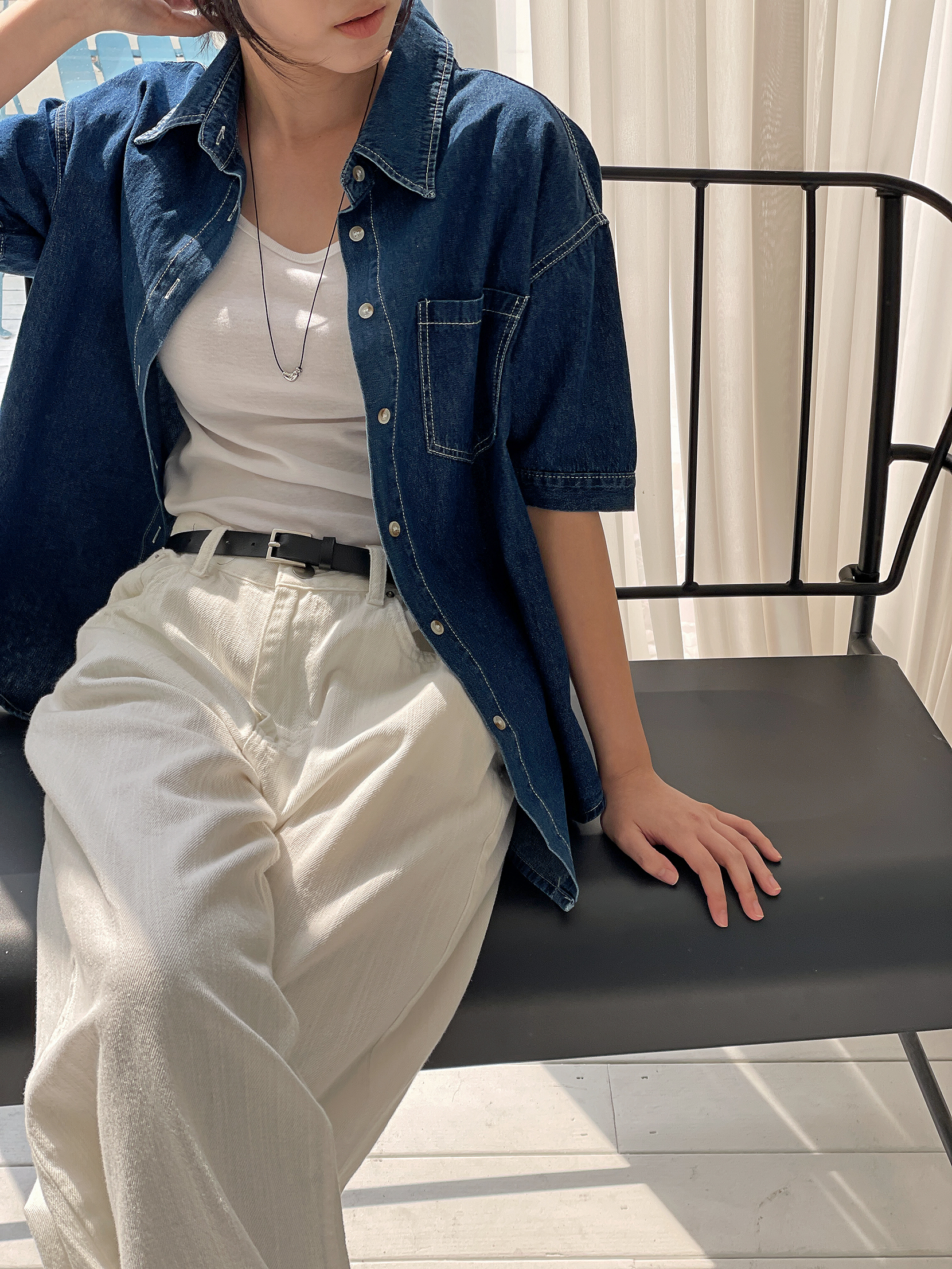 ノンウォッシュデニムボタンカラーオーバーサイズ半袖ハーフドロップショルダーライトブルーディープブルーシャツ | 詳細画像10