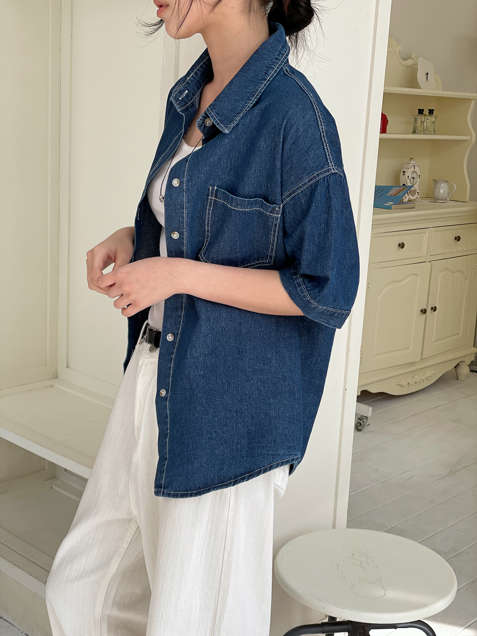 ノンウォッシュデニムボタンカラーオーバーサイズ半袖ハーフドロップショルダーライトブルーディープブルーシャツ | 詳細画像12