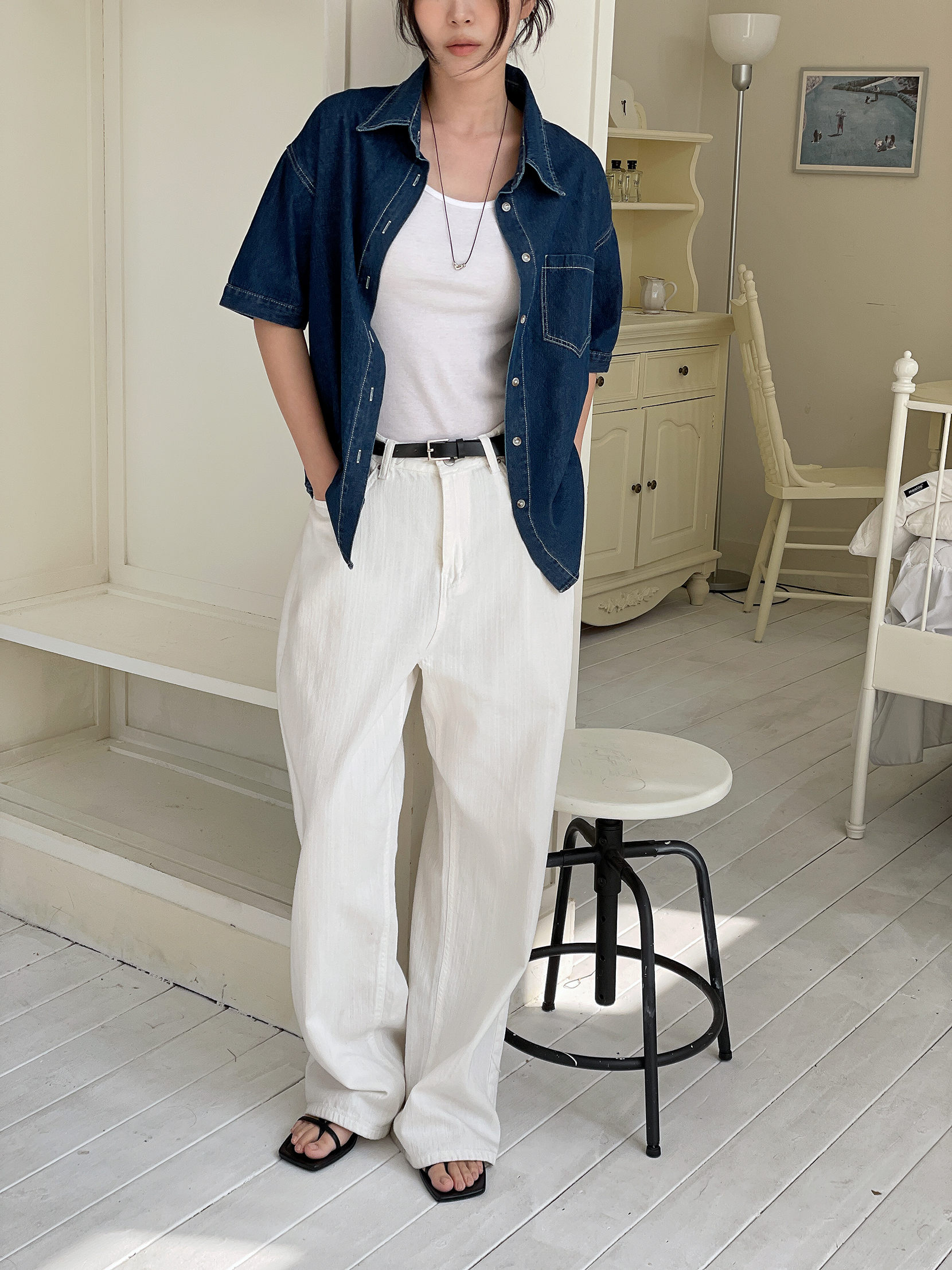 ノンウォッシュデニムボタンカラーオーバーサイズ半袖ハーフドロップショルダーライトブルーディープブルーシャツ | 詳細画像9