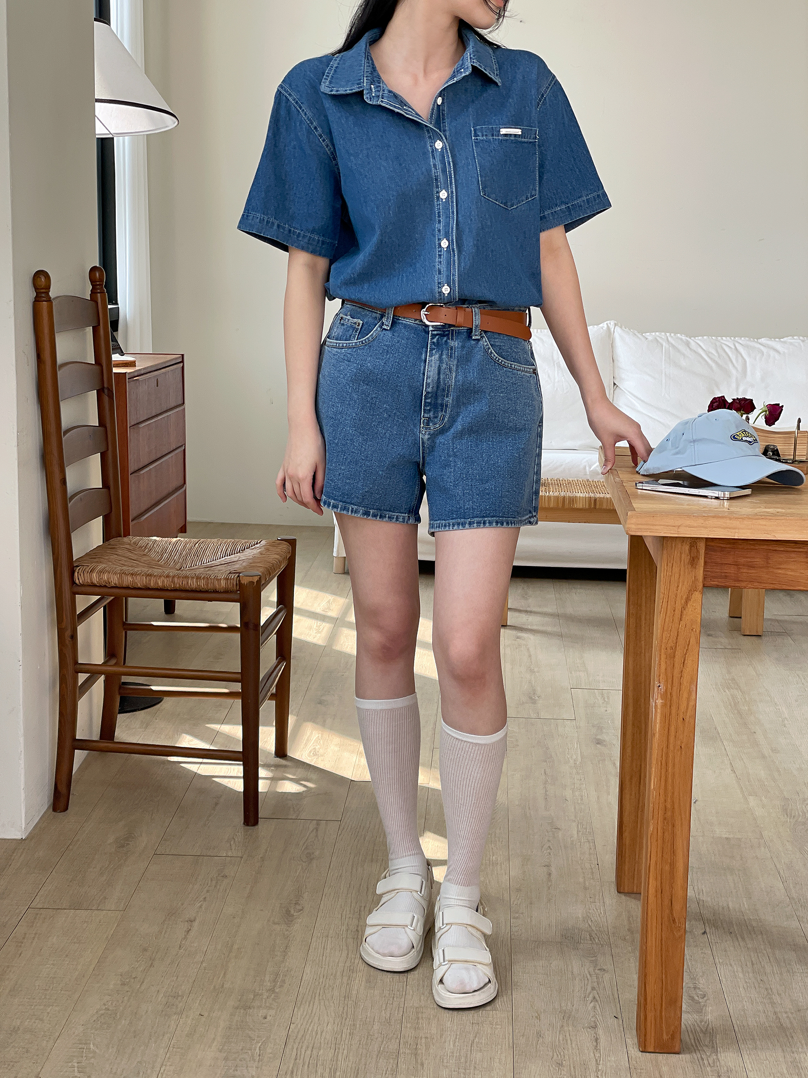 ノンウォッシュデニムボタンオーバーサイズ半袖ワンポケットペンダントライトブルーディープブルーシャツ | 詳細画像14