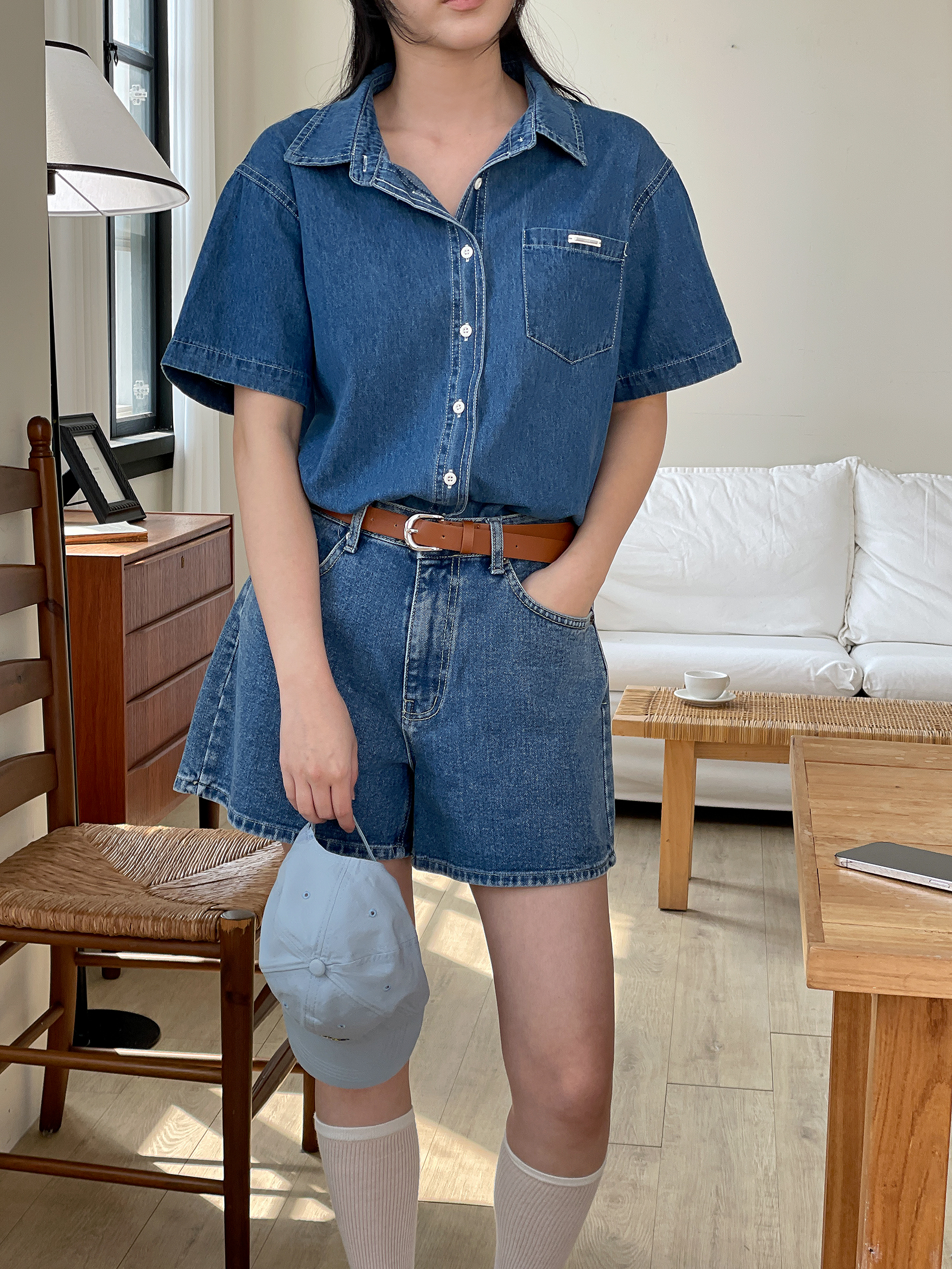 ノンウォッシュデニムボタンオーバーサイズ半袖ワンポケットペンダントライトブルーディープブルーシャツ | 詳細画像15