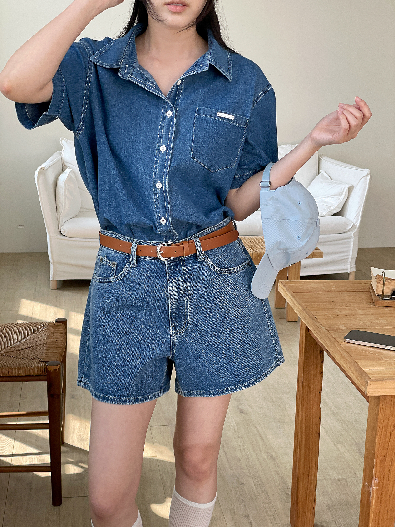 ノンウォッシュデニムボタンオーバーサイズ半袖ワンポケットペンダントライトブルーディープブルーシャツ | 詳細画像16