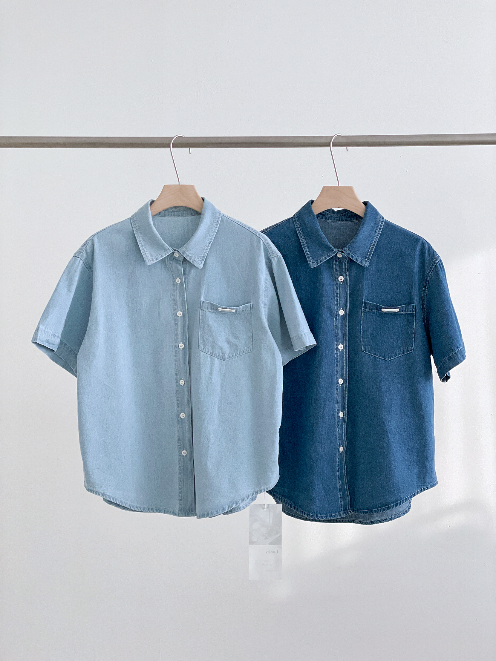 ノンウォッシュデニムボタンオーバーサイズ半袖ワンポケットペンダントライトブルーディープブルーシャツ | 詳細画像18